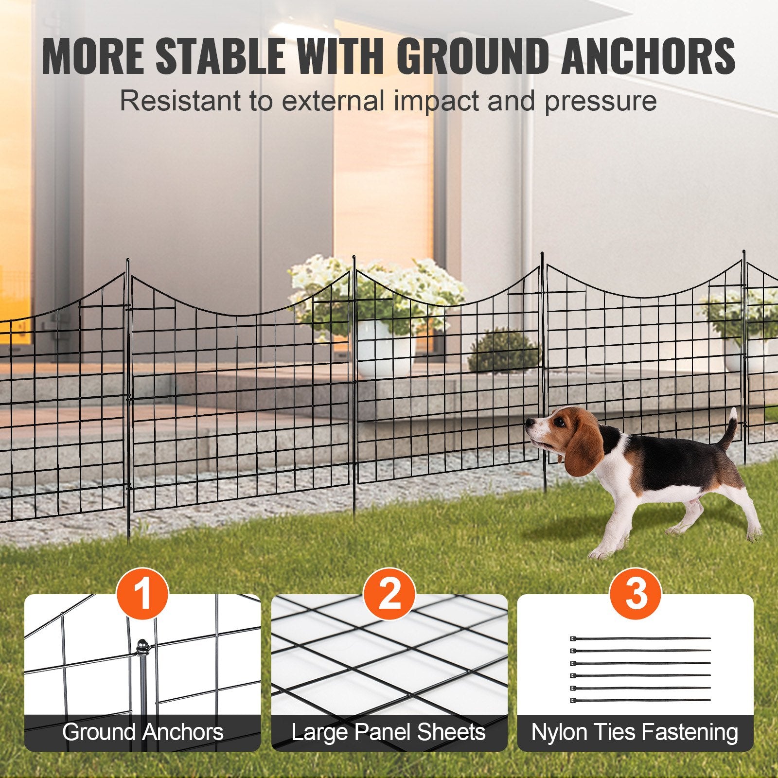 Sturdy 36.6in Tall Garden Fence Panels, Metal Animal Barrier with 2.5in Spikes, Decorative Steel Dog Fence for Yard & Patio, 5 Pack