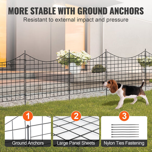 Sturdy 36.6in Tall Garden Fence Panels, Metal Animal Barrier with 2.5in Spikes, Decorative Steel Dog Fence for Yard & Patio, 5 Pack