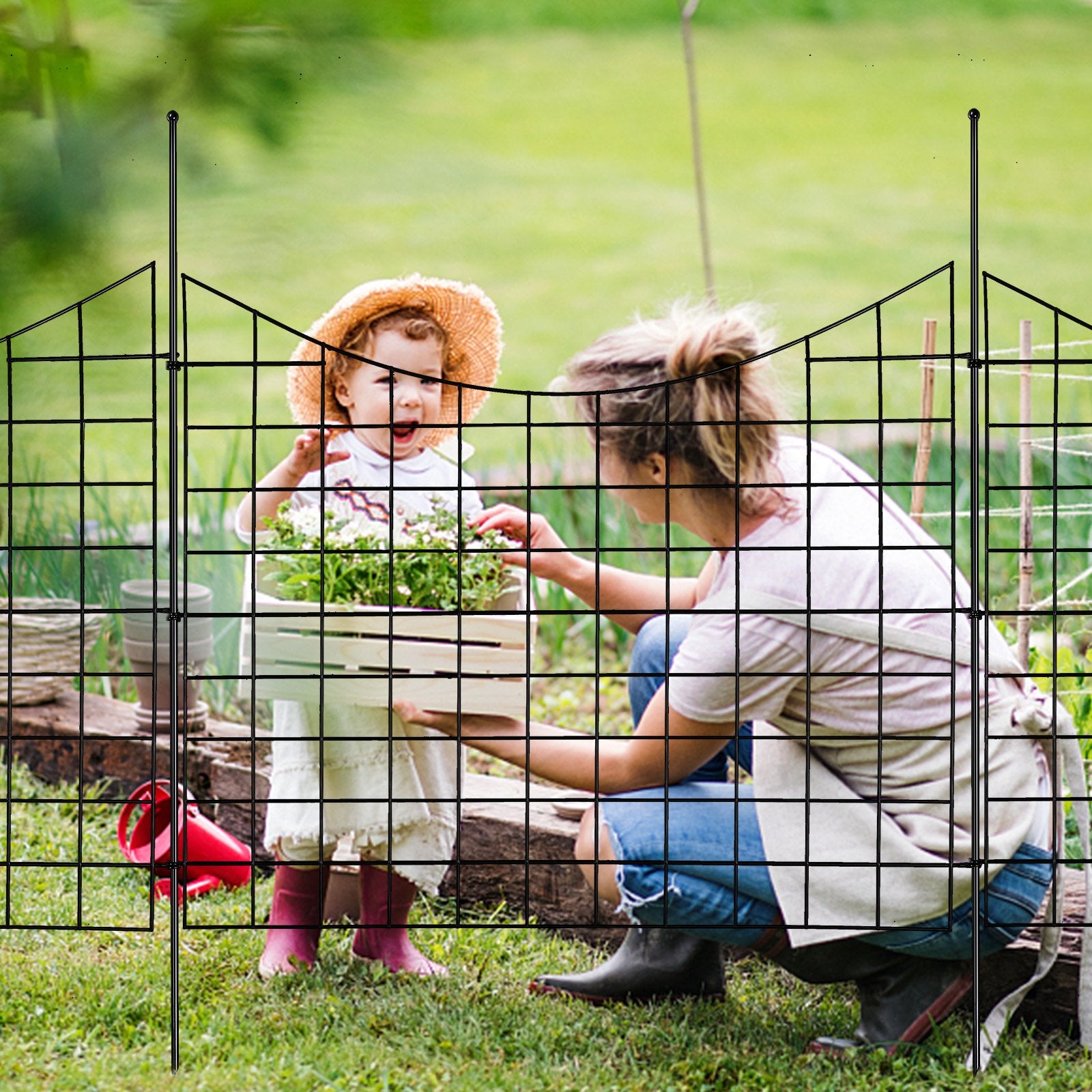 Sturdy 36.6in Tall Garden Fence Panels, Metal Animal Barrier with 2.5in Spikes, Decorative Steel Dog Fence for Yard & Patio, 5 Pack