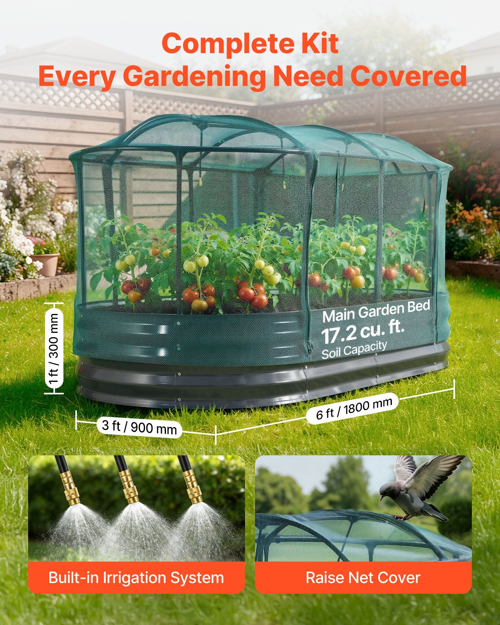 Oval Galvanized Raised Garden Bed with Self-Watering System & Mesh Cover, Rustproof Alu-Zinc Planter for Vegetables & Flowers, Large Capacity 6x3x1 ft, Dark Gray