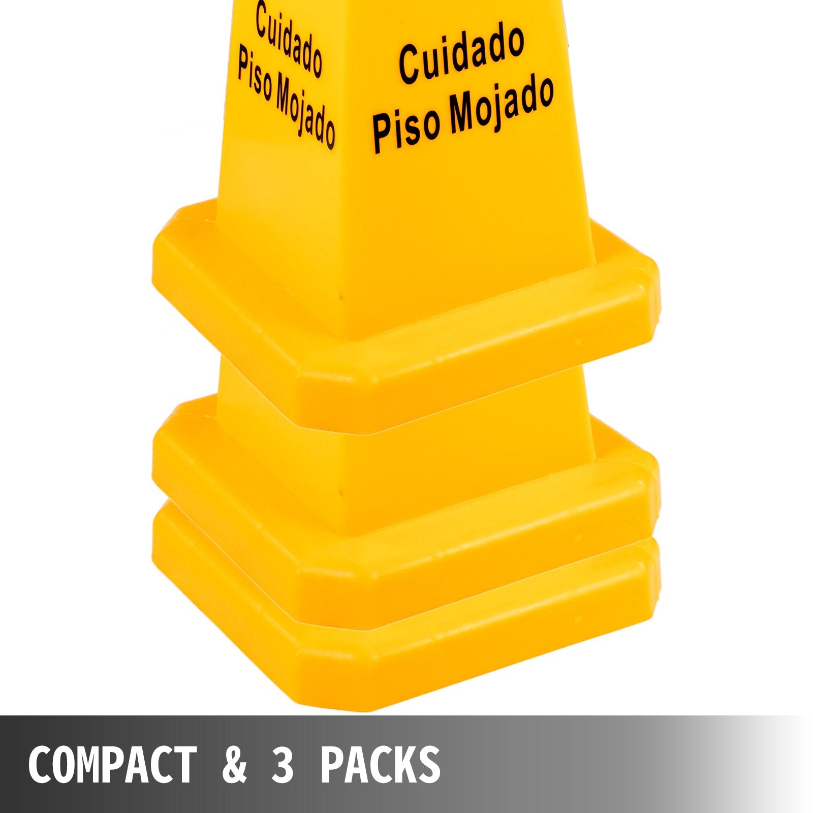 3 Pack Yellow Floor Safety Cones with 4-Sided Bilingual Caution Wet Floor Signs for Indoor & Outdoor Public Safety, Stackable & Portable
