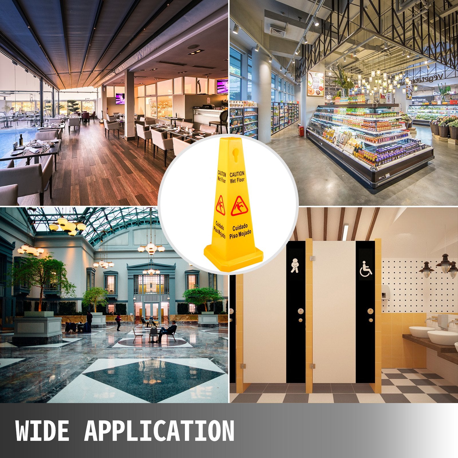 3 Pack Yellow Floor Safety Cones with 4-Sided Bilingual Caution Wet Floor Signs for Indoor & Outdoor Public Safety, Stackable & Portable