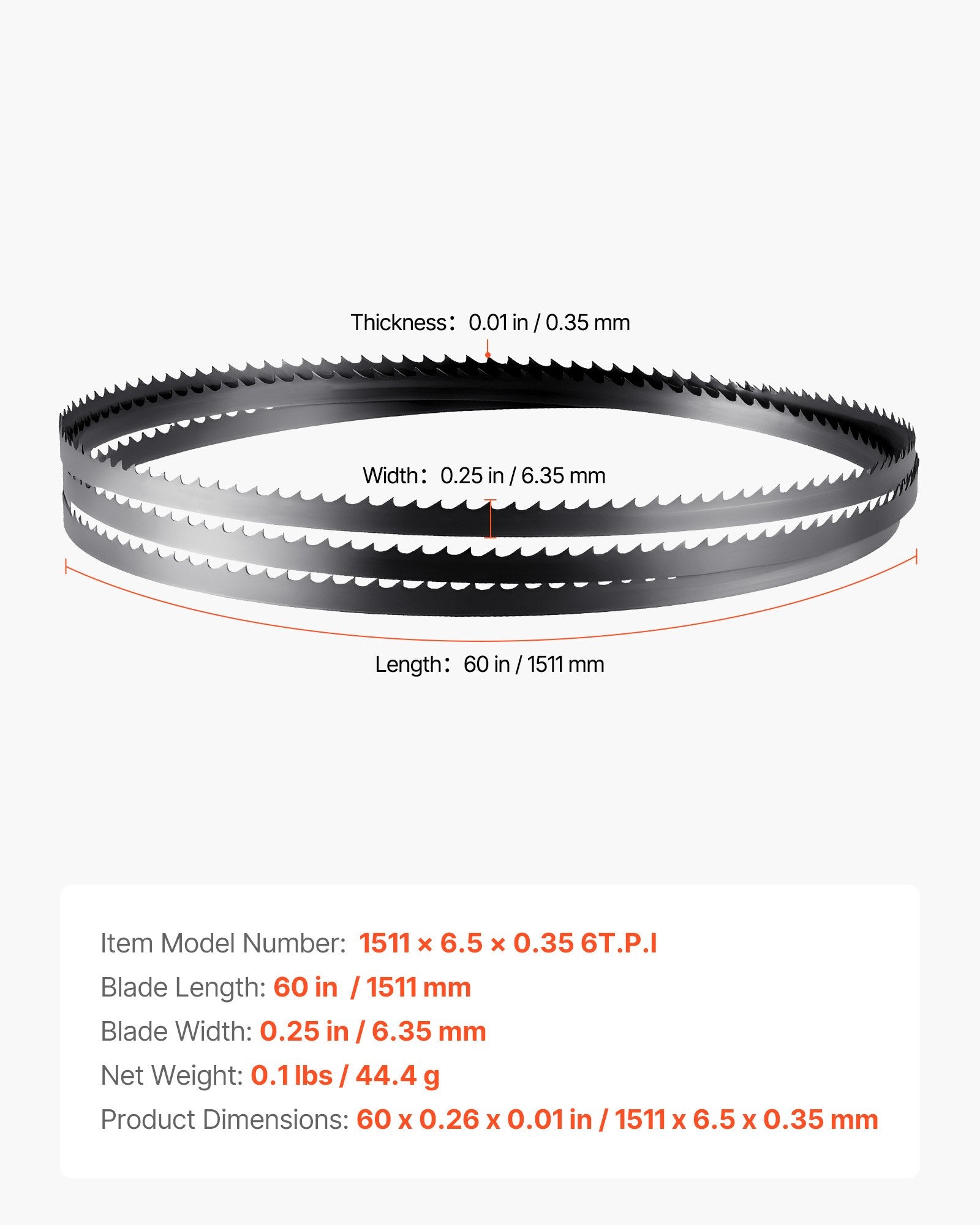 60-Inch Bandsaw Blade, 6 TPI, SK5 Carbon Steel, 15 HRC Hard Teeth, Fits Major Woodworking Bandsaws, 0.25-Inch Width, 1 Pack, High-Performance Cutting Tool