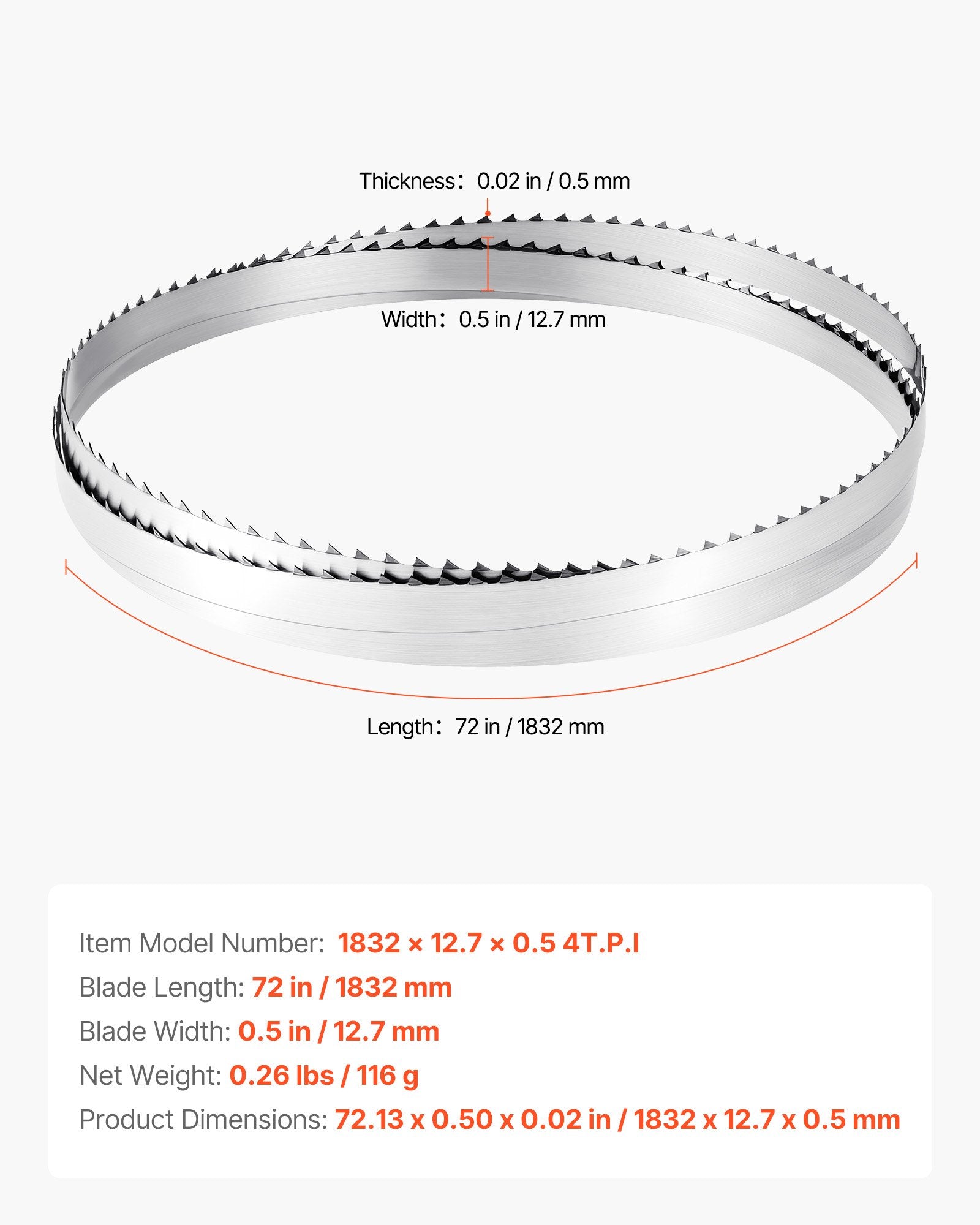 72 Inch Bandsaw Blade - Durable 4 TPI, 18 HRC Hardened Teeth, SK5 Carbon Steel, Fits Major Woodworking Saws, 0.5 Inch Width, 1 Pack