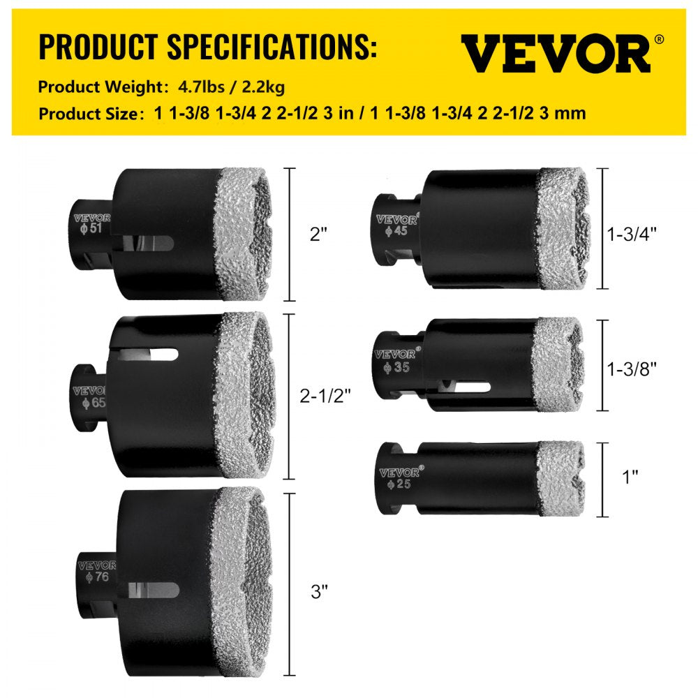Versatile Diamond Hole Saw Kit for Tile, Ceramic, and Porcelain with Multiple Bit Sizes and SDS Compatibility