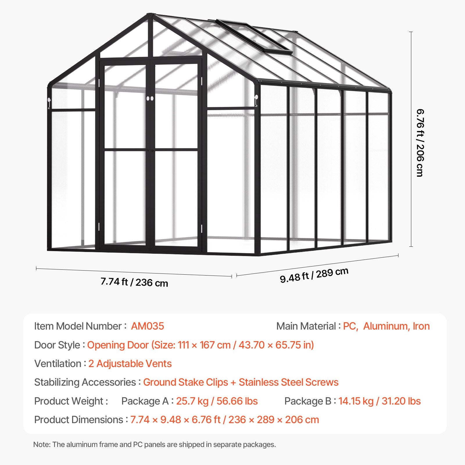 Spacious 8x10 Ft Polycarbonate Greenhouse with Dual Vents and Hinged Door, Durable Aluminum Frame for Outdoor Gardens and Backyards