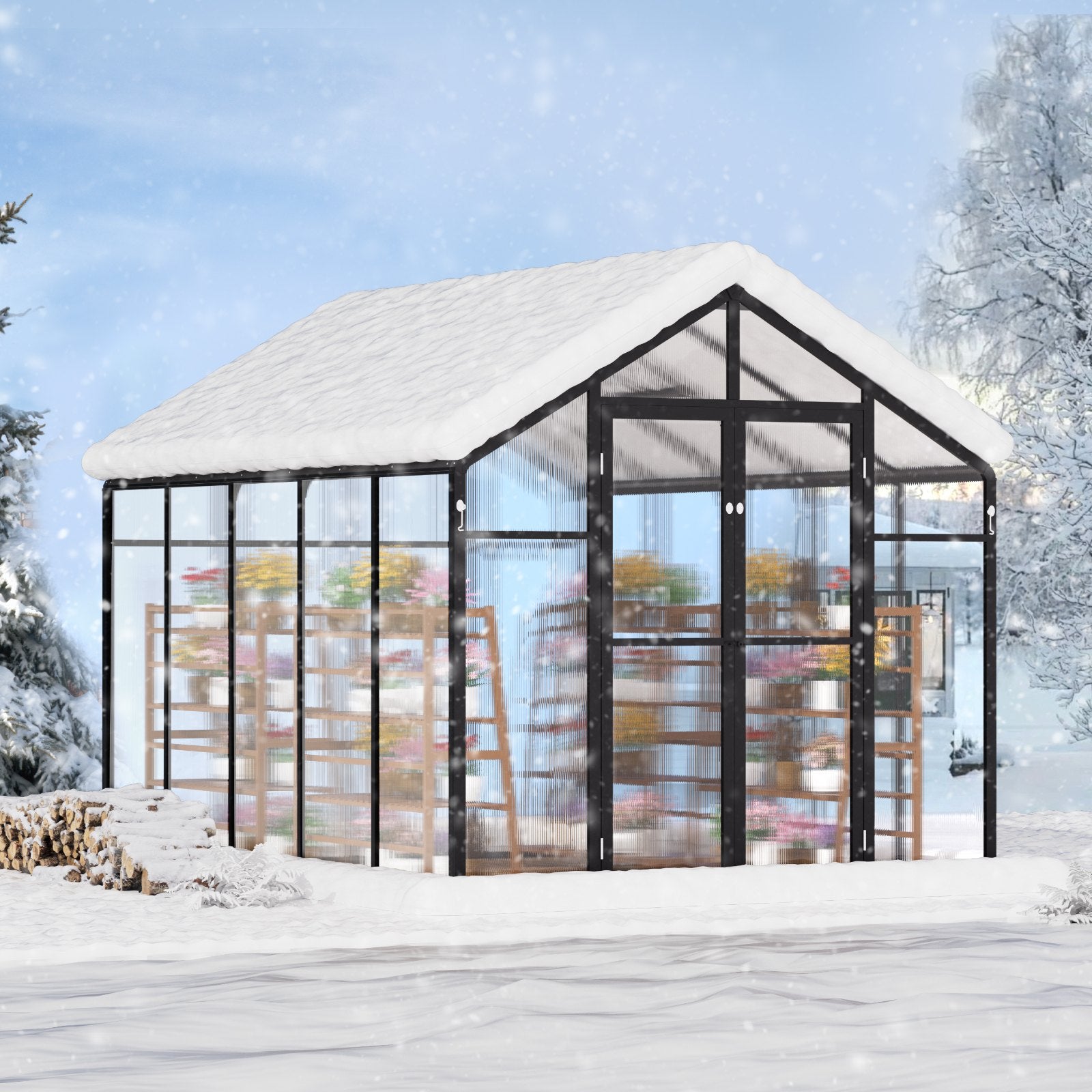 Spacious 8x10 Ft Polycarbonate Greenhouse with Dual Vents and Hinged Door, Durable Aluminum Frame for Outdoor Gardens and Backyards