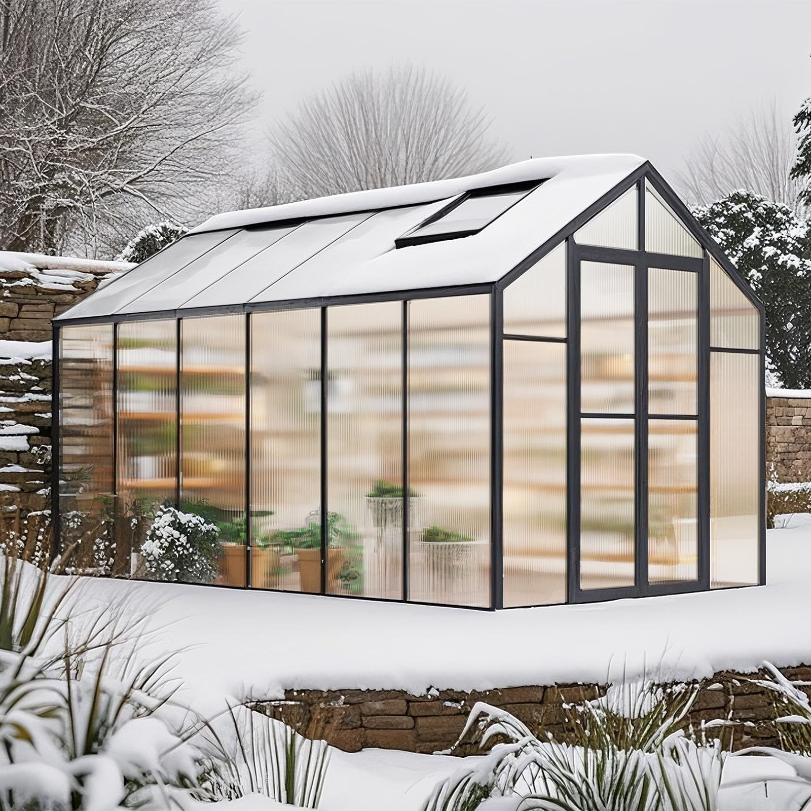 Spacious 8x12 Ft Polycarbonate Garden Greenhouse with Dual Vent Windows, Sturdy Aluminum Frame & Hinged Door for Outdoor Plant Protection