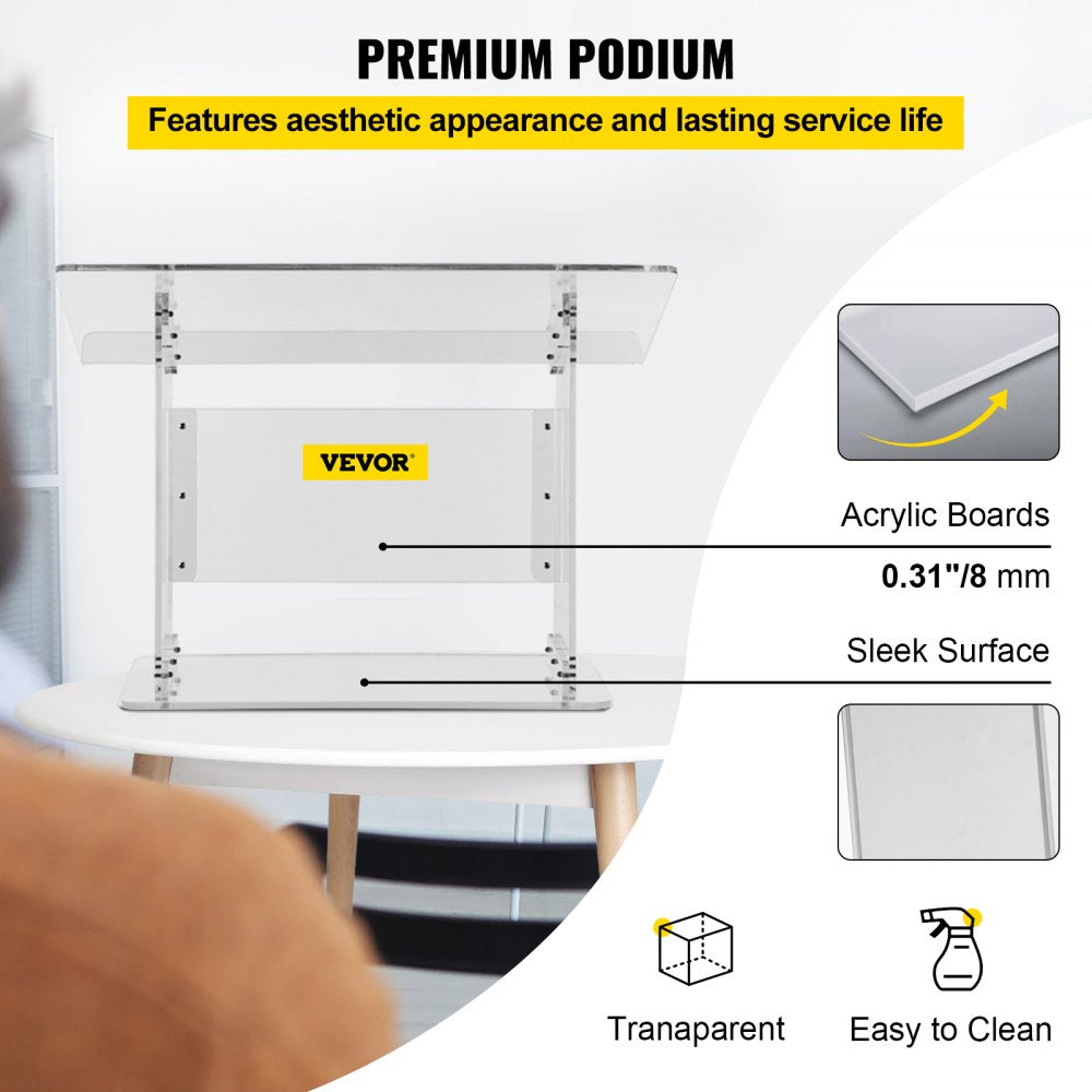 VEVOR Tabletop Acrylic Podium 19.5" Tall Plexiglass Podium 27"x13.7" Table Acrylic Pulpits for Churches Slanted Surface with Lip for Book Holder Clear Lectern for Lecture Recital Speech & Presentation