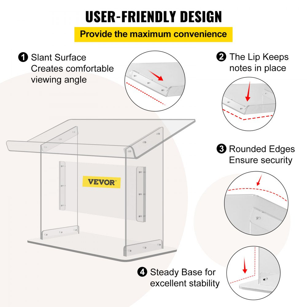VEVOR Tabletop Acrylic Podium 19.5" Tall Plexiglass Podium 27"x13.7" Table Acrylic Pulpits for Churches Slanted Surface with Lip for Book Holder Clear Lectern for Lecture Recital Speech & Presentation