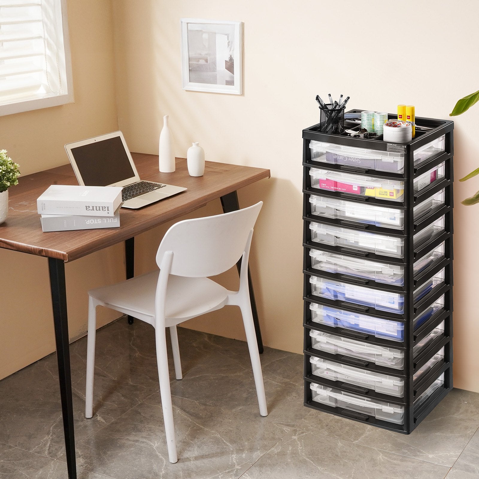 10-Tier PP Plastic Storage Organizer with Black Frame - Multifunctional Scrapbook Storage for Office, Art, and Craft Essentials, 100 lbs Capacity