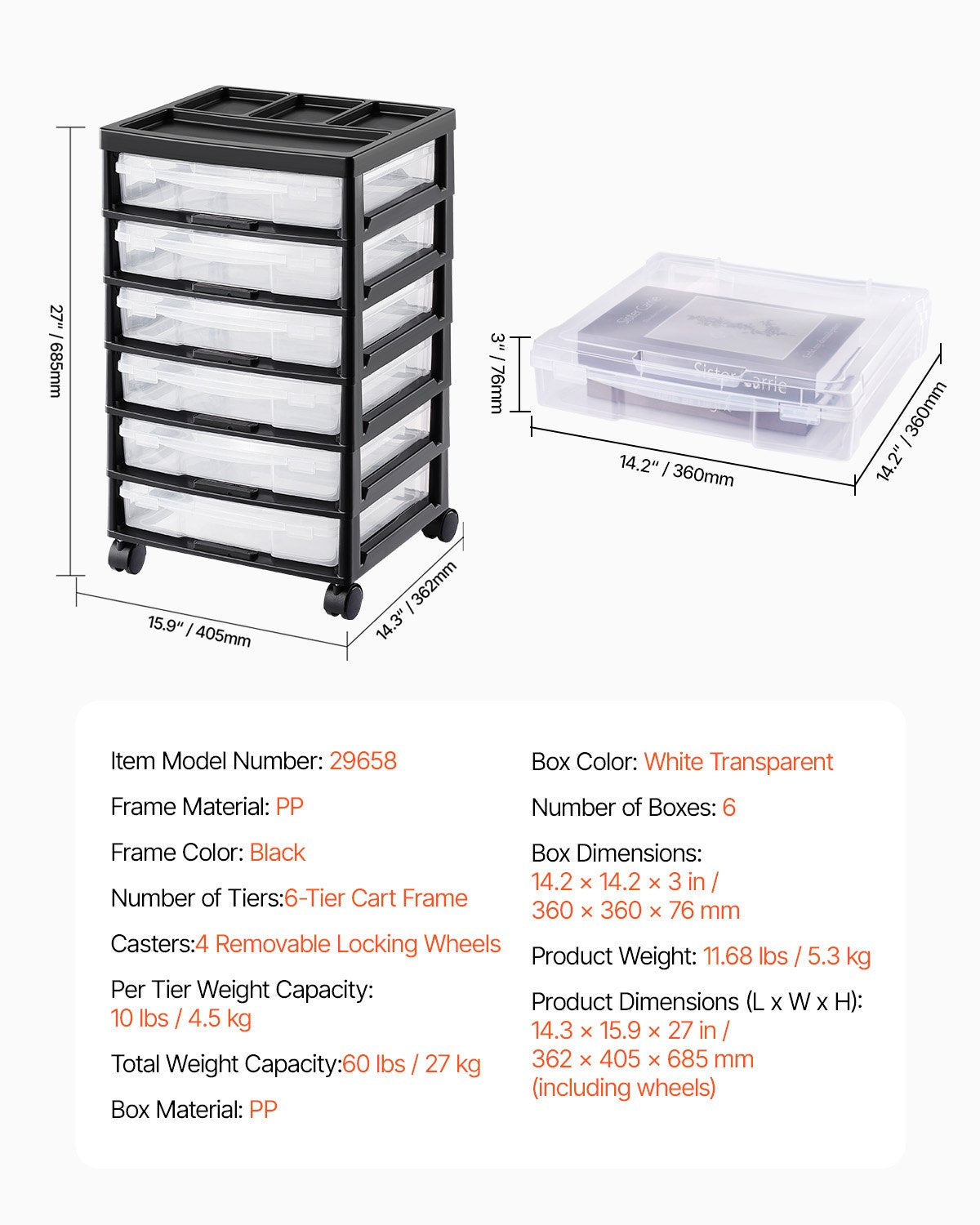 6-Tier Scrapbook Rolling Storage Cart with Organizer Top, Black Frame, Clear Cases & Wheels for Arts & Crafts Supplies