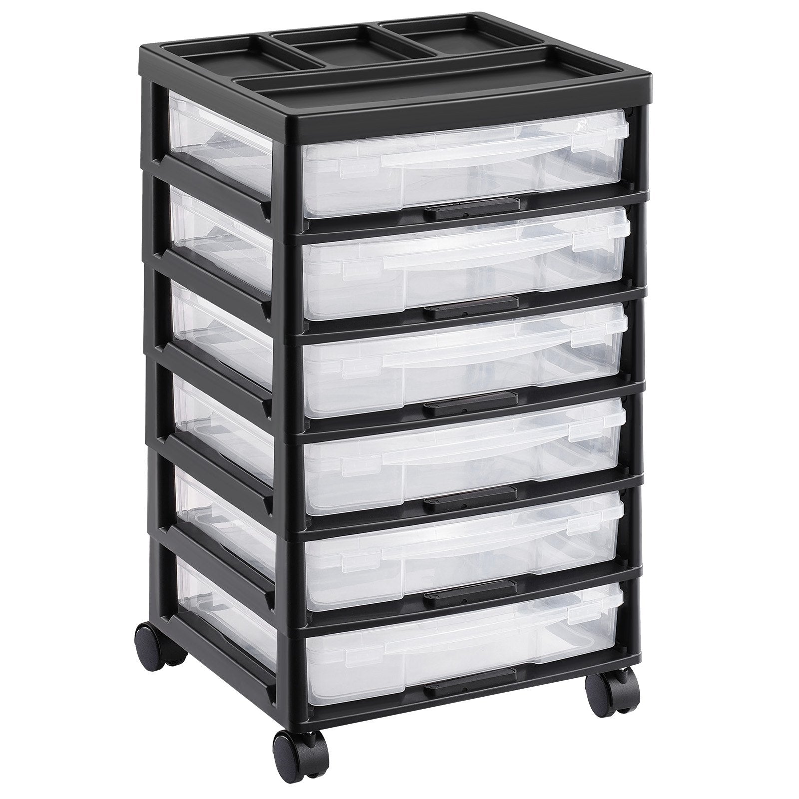 6-Tier Scrapbook Rolling Storage Cart with Organizer Top, Black Frame, Clear Cases & Wheels for Arts & Crafts Supplies
