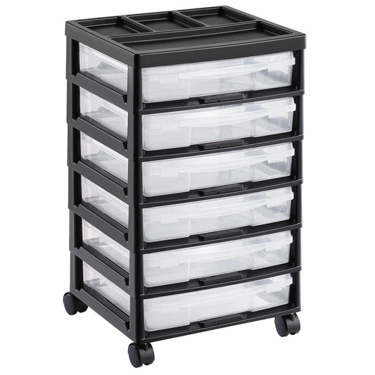 6-Tier Scrapbook Rolling Storage Cart with Organizer Top, Black Frame, Clear Cases & Wheels for Arts & Crafts Supplies