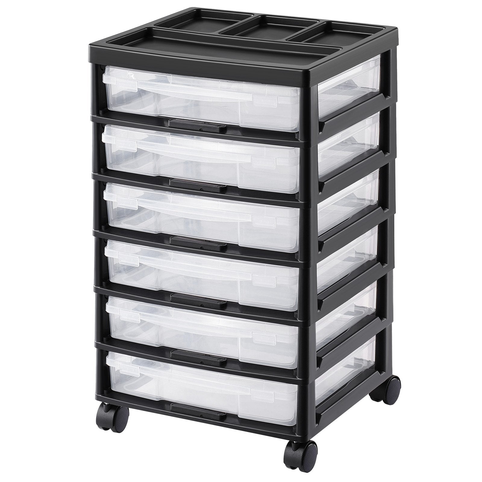 6-Tier Scrapbook Rolling Storage Cart with Organizer Top, Black Frame, Clear Cases & Wheels for Arts & Crafts Supplies