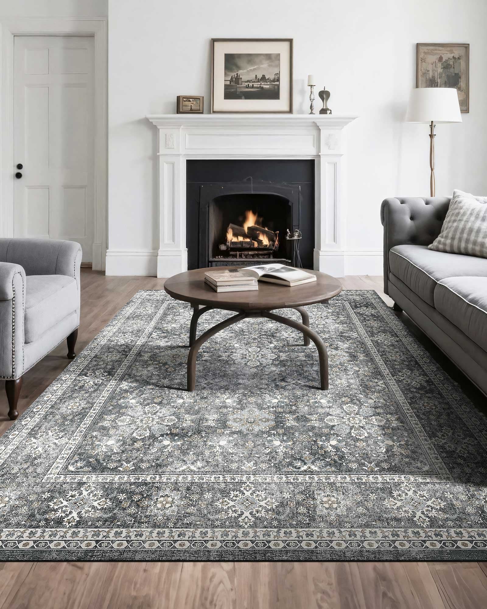 Vintage Gray 8x10 ft Washable Area Rug - Soft, Non-Slip, Tear-Resistant Carpet, Pet & Child Friendly for Bedroom, Living Room, Office, Entryway, Kids Room