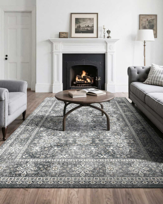 Vintage Gray 8x10 ft Washable Area Rug - Soft, Non-Slip, Tear-Resistant Carpet, Pet & Child Friendly for Bedroom, Living Room, Office, Entryway, Kids Room