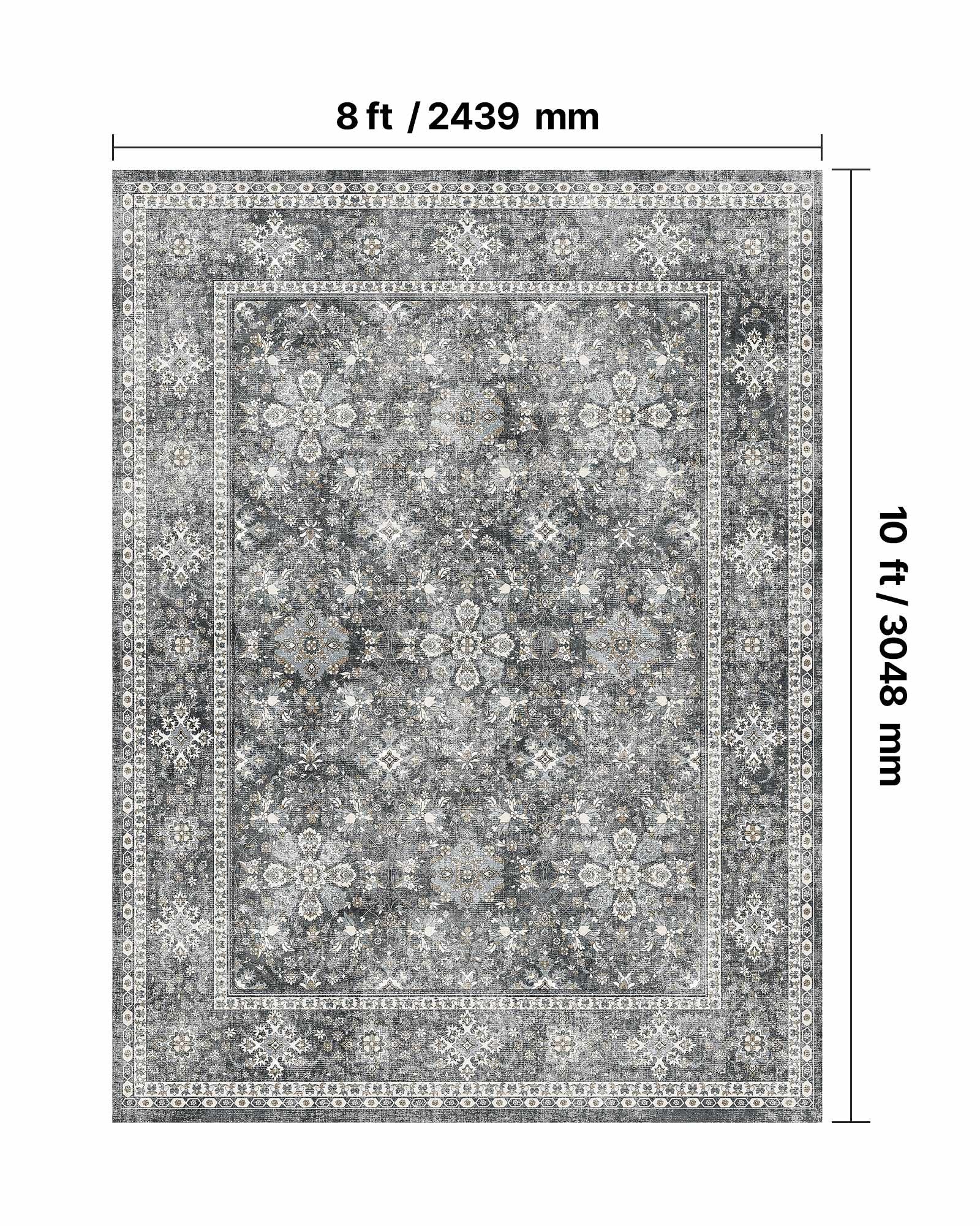 Vintage Gray 8x10 ft Washable Area Rug - Soft, Non-Slip, Tear-Resistant Carpet, Pet & Child Friendly for Bedroom, Living Room, Office, Entryway, Kids Room