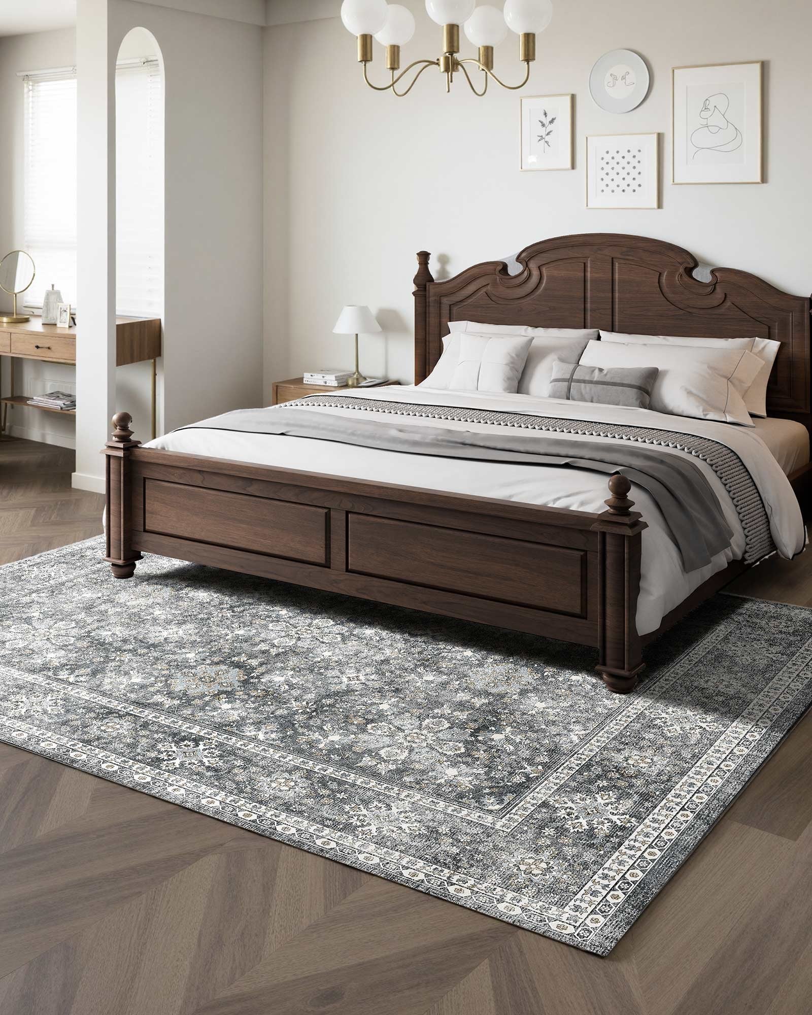 Vintage Gray 8x10 ft Washable Area Rug - Soft, Non-Slip, Tear-Resistant Carpet, Pet & Child Friendly for Bedroom, Living Room, Office, Entryway, Kids Room