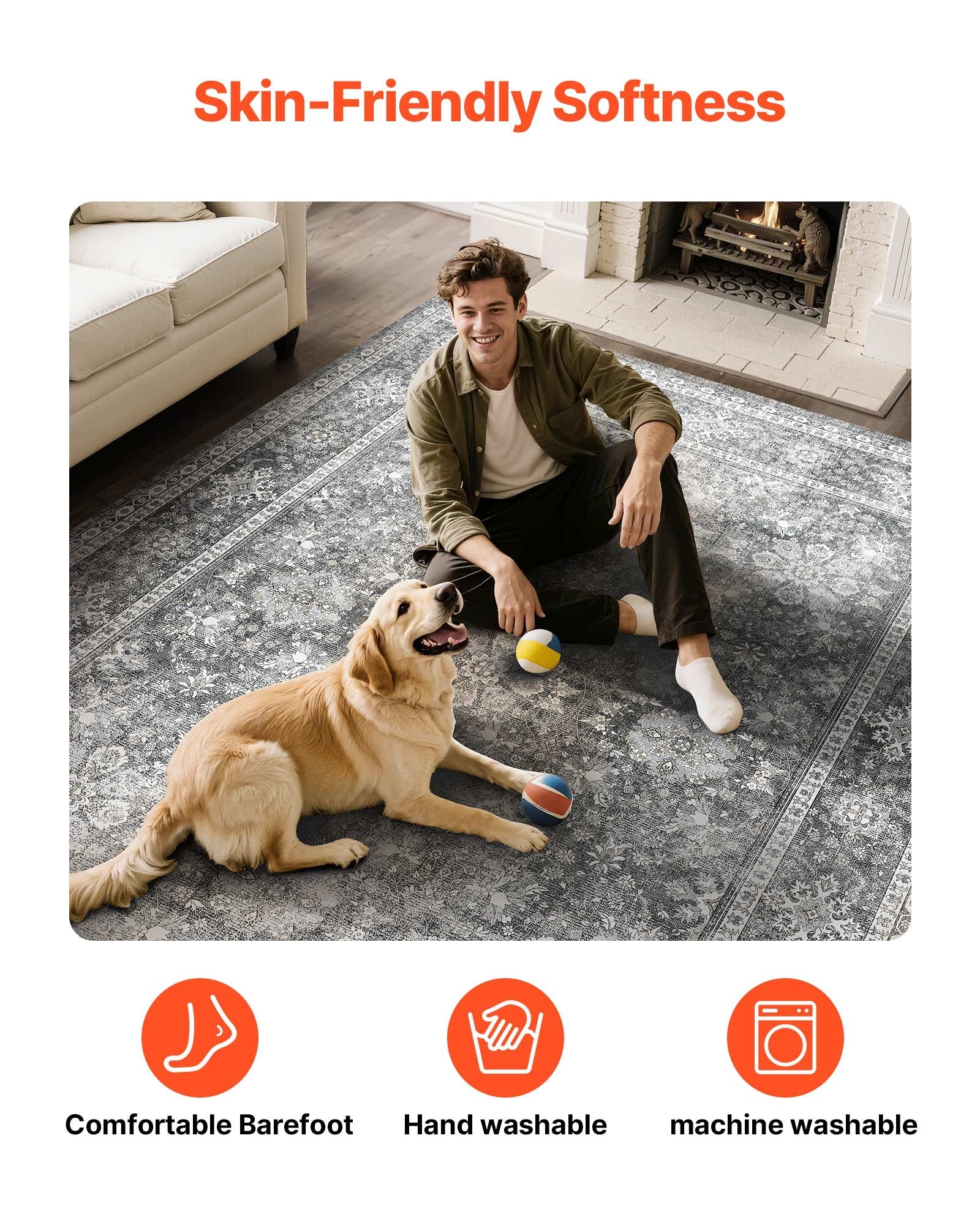 Vintage Gray 8x10 ft Washable Area Rug - Soft, Non-Slip, Tear-Resistant Carpet, Pet & Child Friendly for Bedroom, Living Room, Office, Entryway, Kids Room