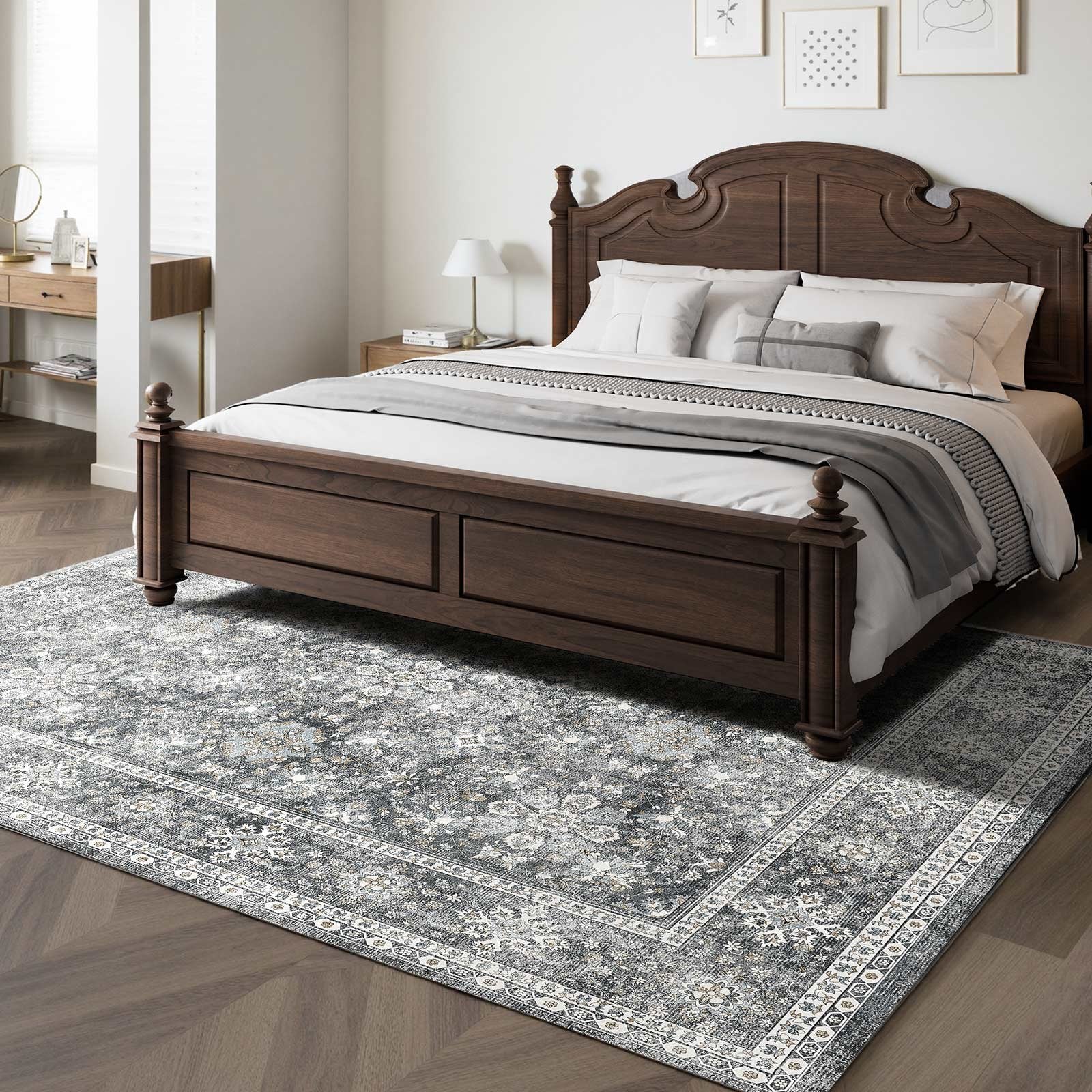 Vintage Gray 8x10 ft Washable Area Rug - Soft, Non-Slip, Tear-Resistant Carpet, Pet & Child Friendly for Bedroom, Living Room, Office, Entryway, Kids Room