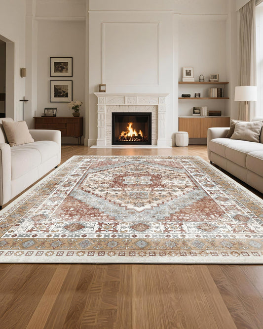 Large Vintage 8x10 ft Area Rug - Washable, Non-Slip, Tear-Resistant Soft Carpet for Bedroom, Living Room, Kids Room, Office - Pet & Child Friendly, Brown Red