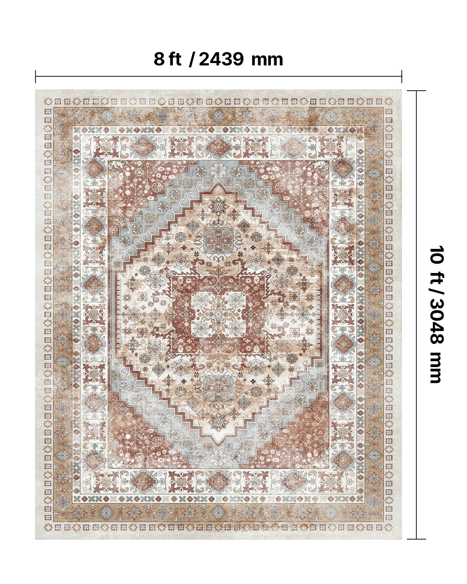 Large Vintage 8x10 ft Area Rug - Washable, Non-Slip, Tear-Resistant Soft Carpet for Bedroom, Living Room, Kids Room, Office - Pet & Child Friendly, Brown Red