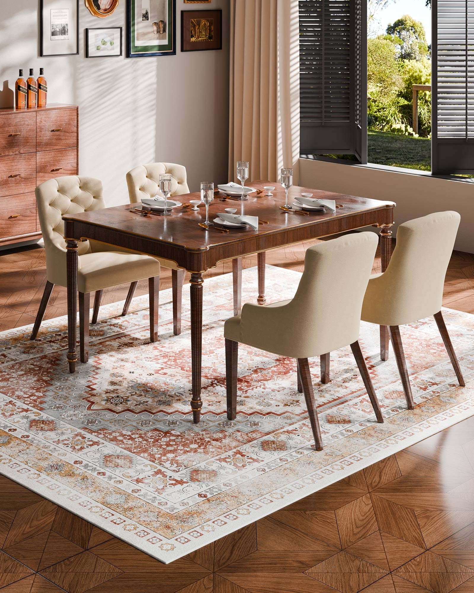 Large Vintage 8x10 ft Area Rug - Washable, Non-Slip, Tear-Resistant Soft Carpet for Bedroom, Living Room, Kids Room, Office - Pet & Child Friendly, Brown Red