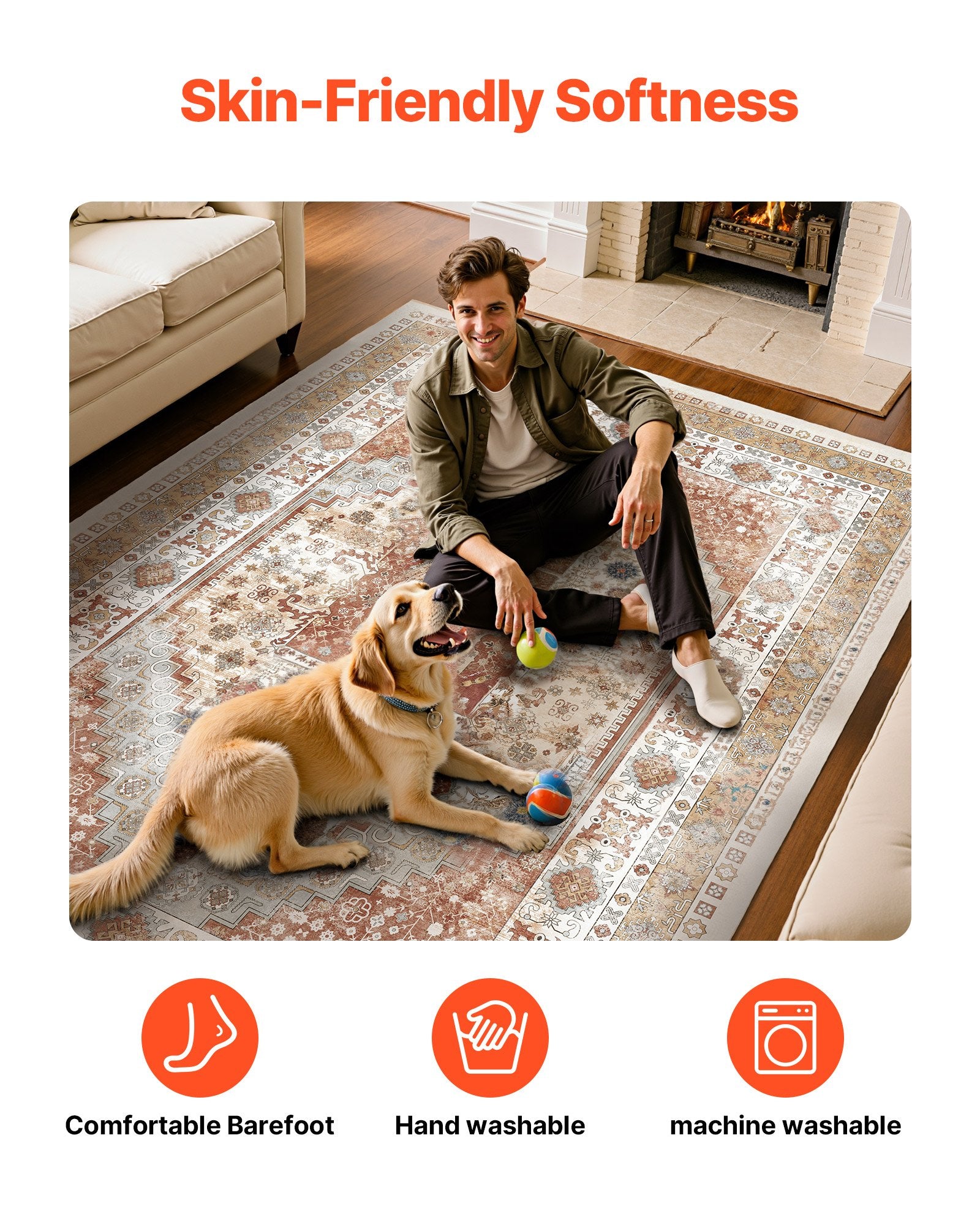 Large Vintage 8x10 ft Area Rug - Washable, Non-Slip, Tear-Resistant Soft Carpet for Bedroom, Living Room, Kids Room, Office - Pet & Child Friendly, Brown Red