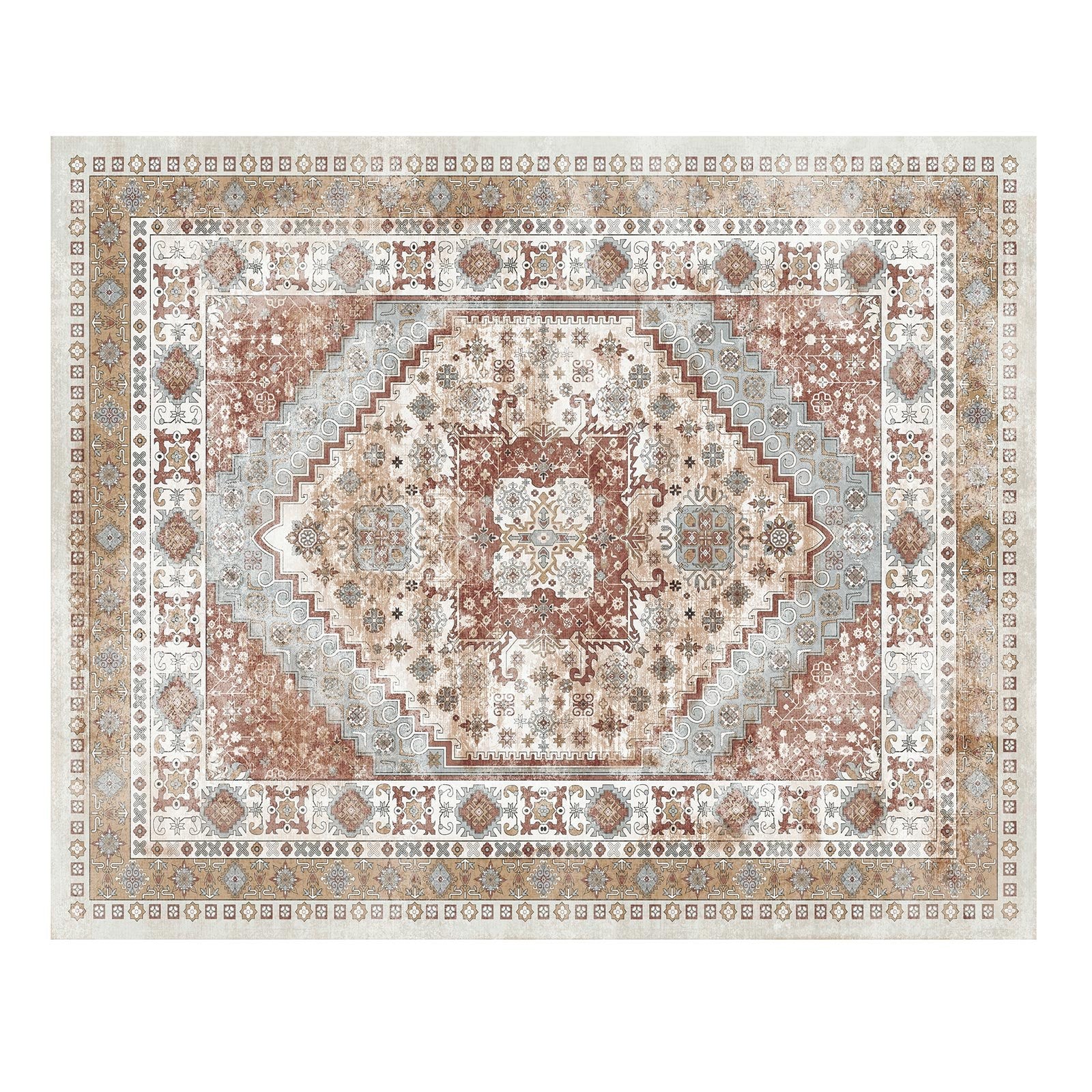 Large Vintage 8x10 ft Area Rug - Washable, Non-Slip, Tear-Resistant Soft Carpet for Bedroom, Living Room, Kids Room, Office - Pet & Child Friendly, Brown Red