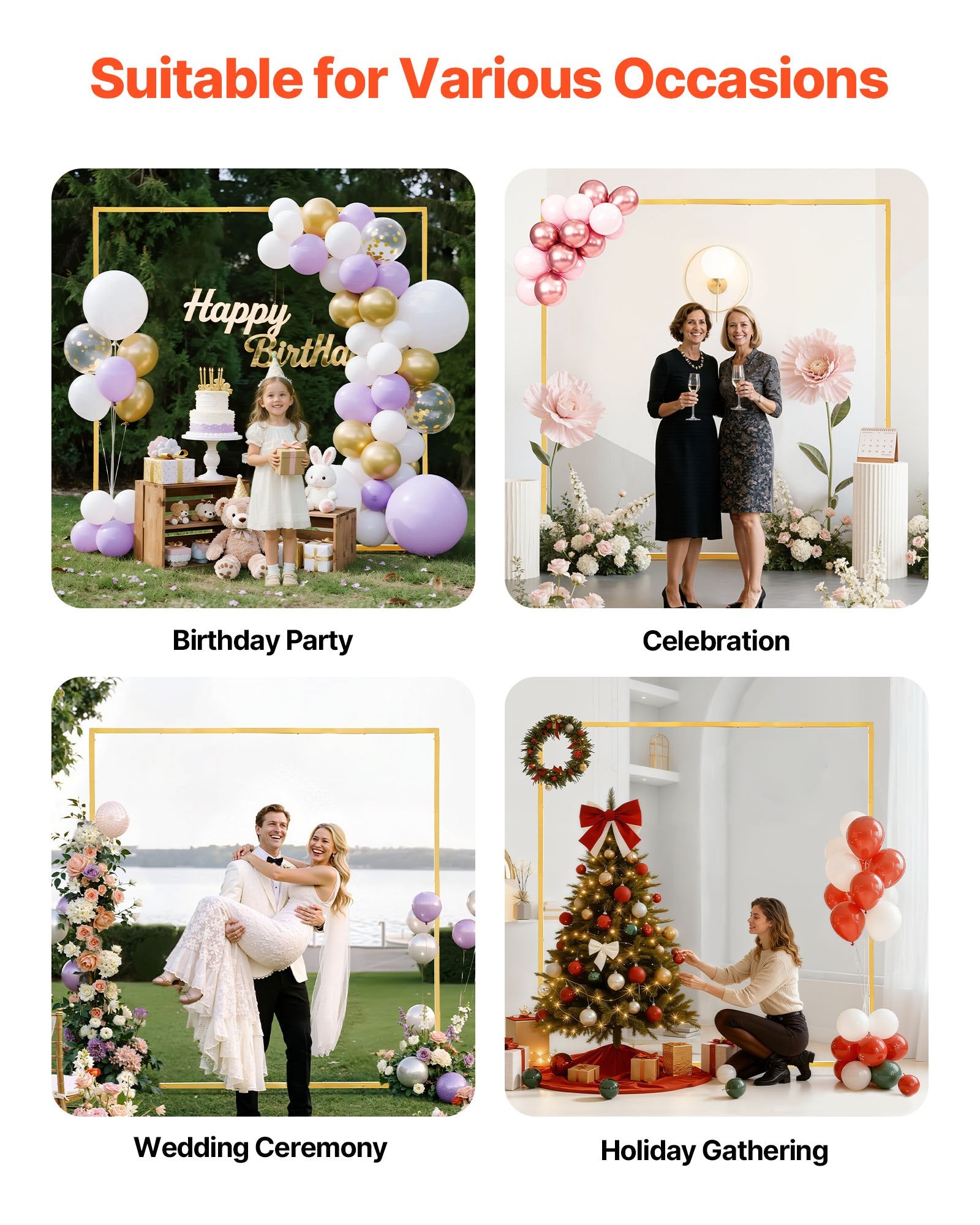 Square Gold Metal Arch Backdrop Stand 6.6x6.6 ft - Perfect for Weddings, Birthdays, Graduations, Ceremonies, Easy Assembly & Stable Decor