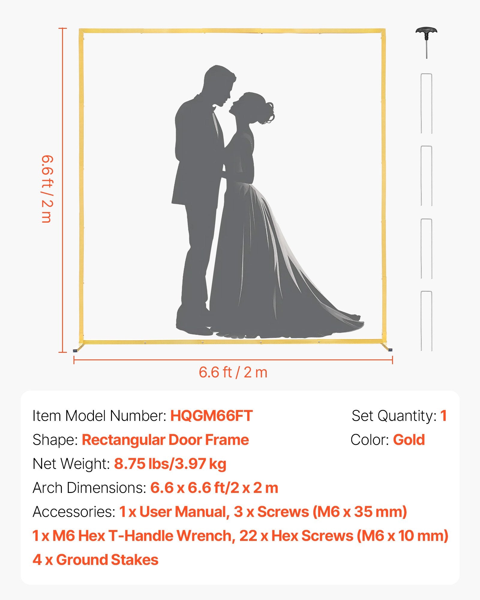 Square Gold Metal Arch Backdrop Stand 6.6x6.6 ft - Perfect for Weddings, Birthdays, Graduations, Ceremonies, Easy Assembly & Stable Decor