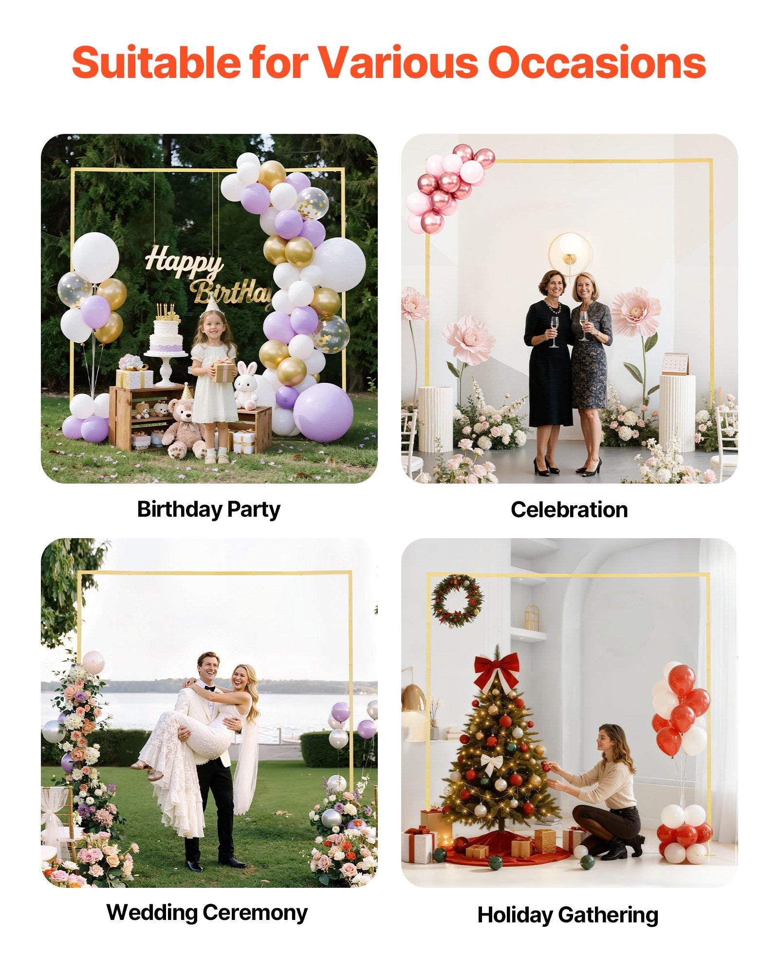 8x8 ft Gold Square Arch Backdrop Stand - Stable & Easy Assembly for Weddings, Birthdays, Graduations, Holidays, Ceremonies, Customizable Decor