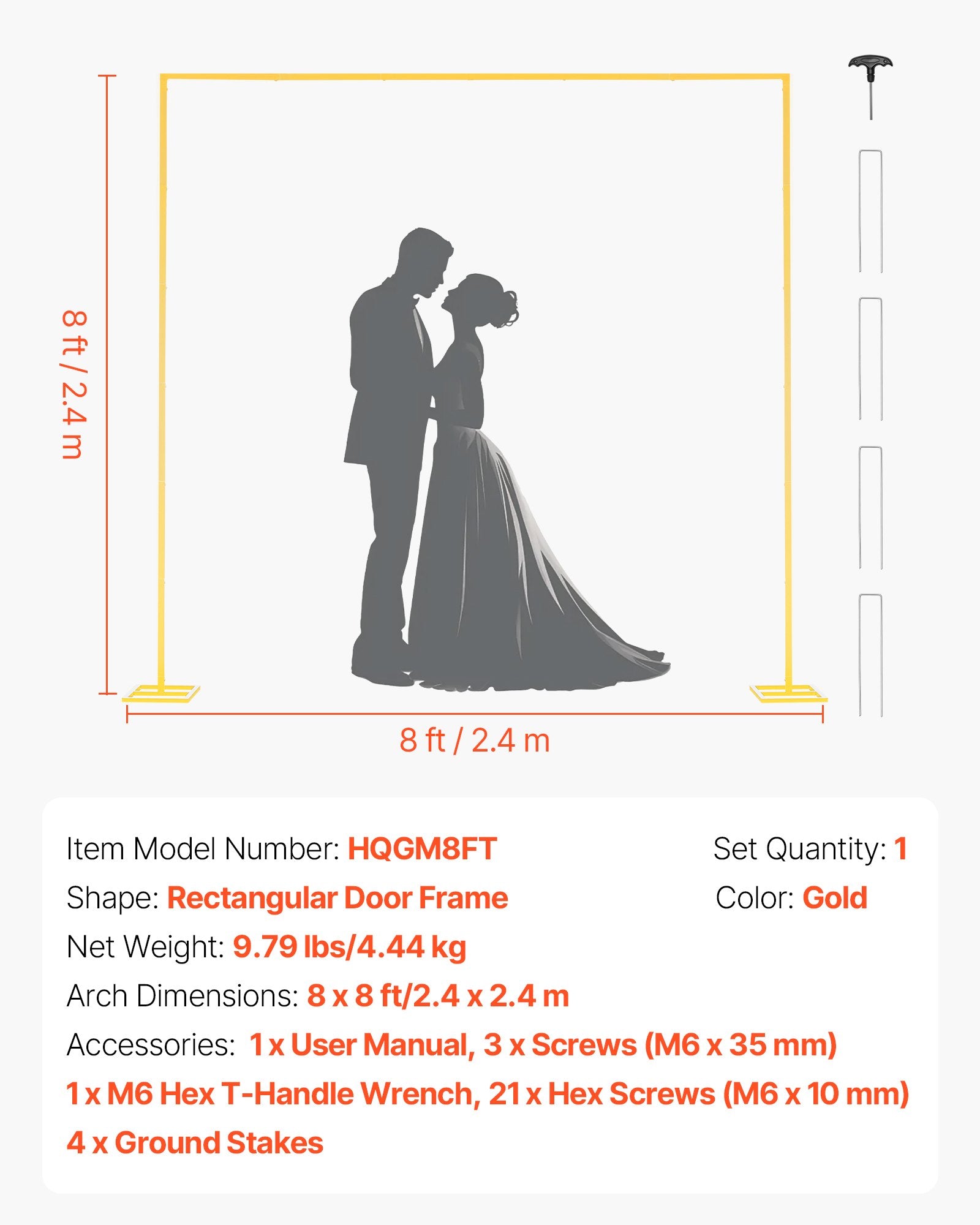 8x8 ft Gold Square Arch Backdrop Stand - Stable & Easy Assembly for Weddings, Birthdays, Graduations, Holidays, Ceremonies, Customizable Decor