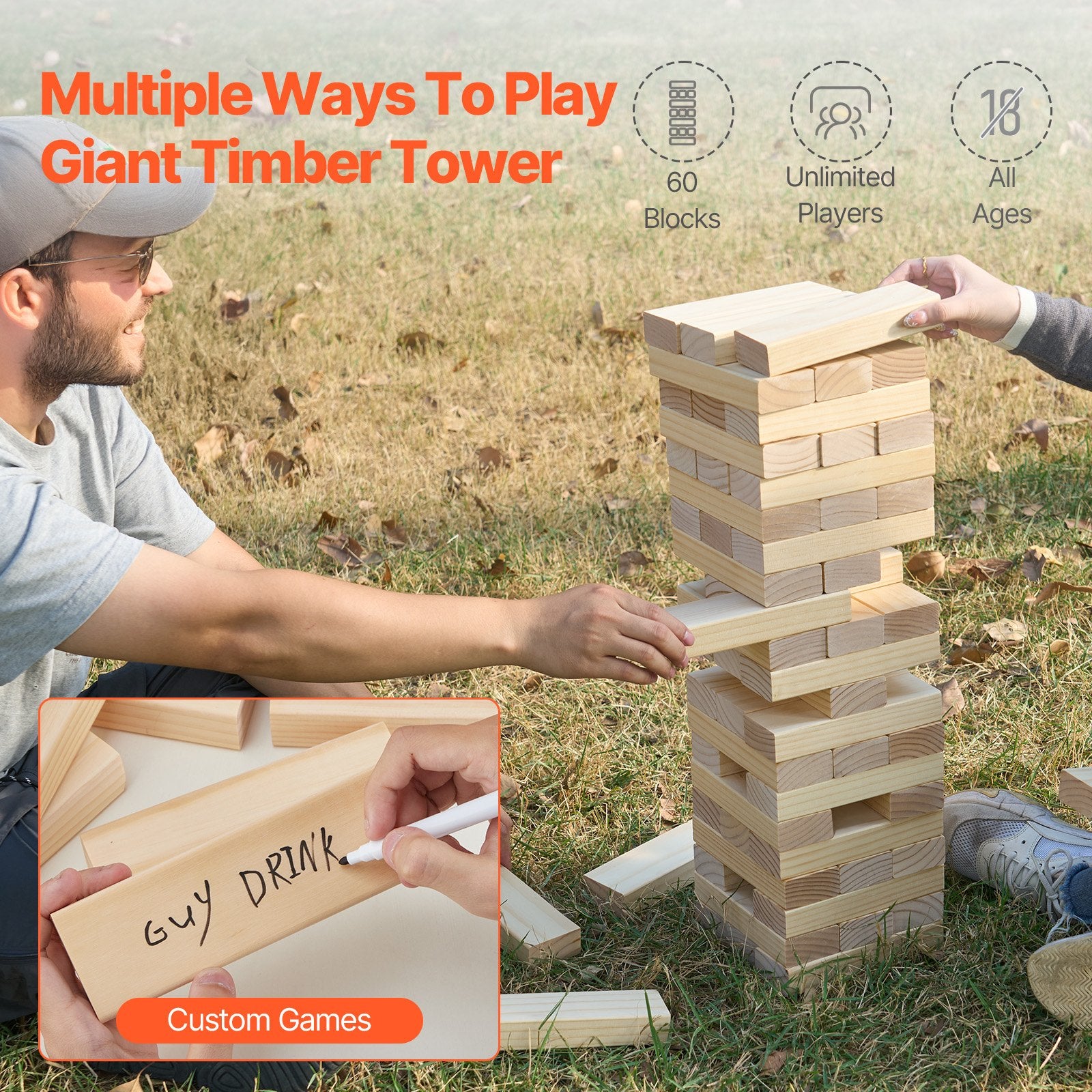 Giant Pine Wood Tumbling Tower Game Set - 60 Blocks with Storage Crate, Scoreboard, Perfect for Indoor/Outdoor Fun, Parties, and Family Gatherings