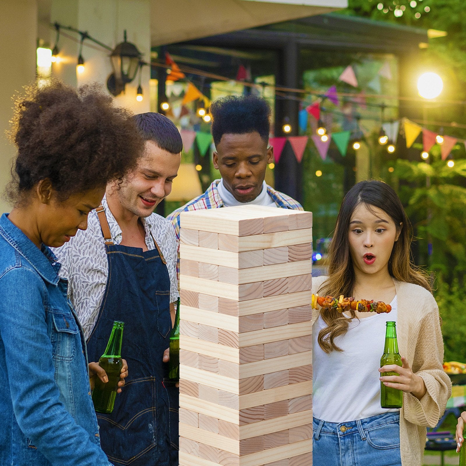 Giant Pine Wood Tumbling Tower Game Set - 60 Blocks with Storage Crate, Scoreboard, Perfect for Indoor/Outdoor Fun, Parties, and Family Gatherings