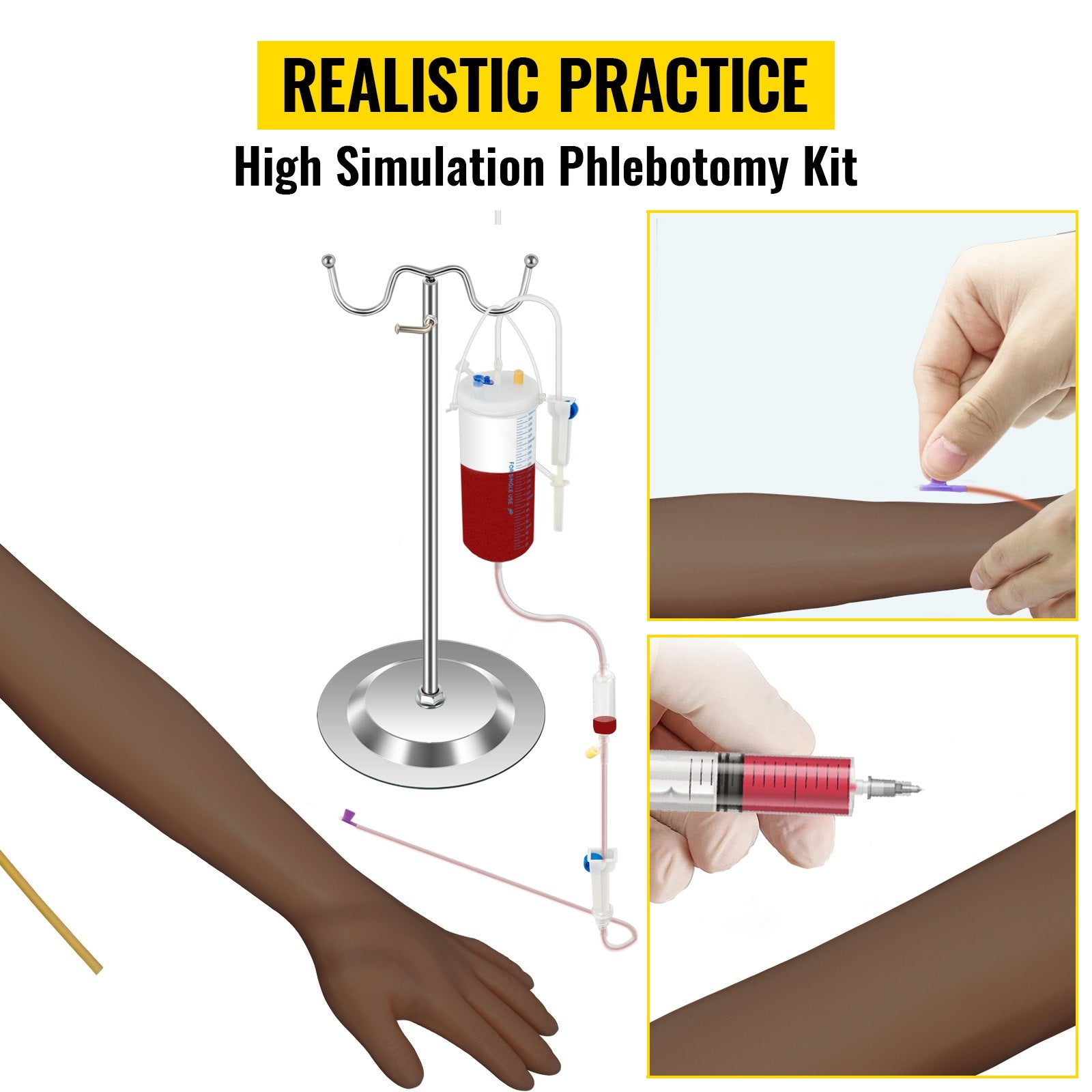 Intravenous Practice Arm Kit with Dark Skin, PVC Phlebotomy Arm for Venipuncture, Adjustable Infusion Stand, Realistic IV Training Tool