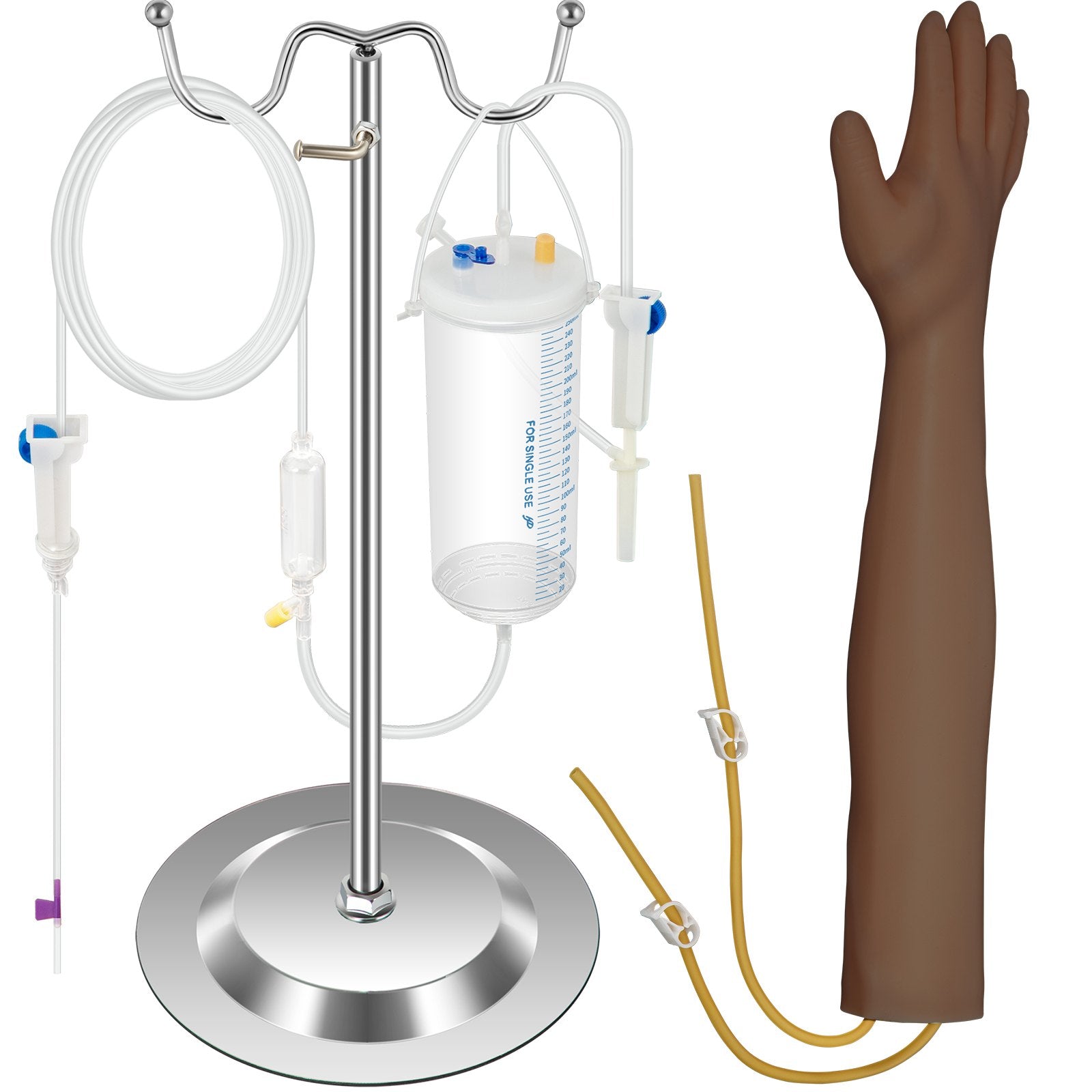 Intravenous Practice Arm Kit with Dark Skin, PVC Phlebotomy Arm for Venipuncture, Adjustable Infusion Stand, Realistic IV Training Tool