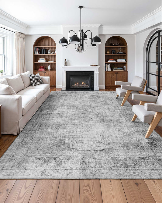 Large Bohemian Area Rug 9x12 ft - Washable, Non-Slip, Tear-Resistant, Soft Faux Cashmere for Bedroom, Living Room, Kids Room, Office, Gray Mat