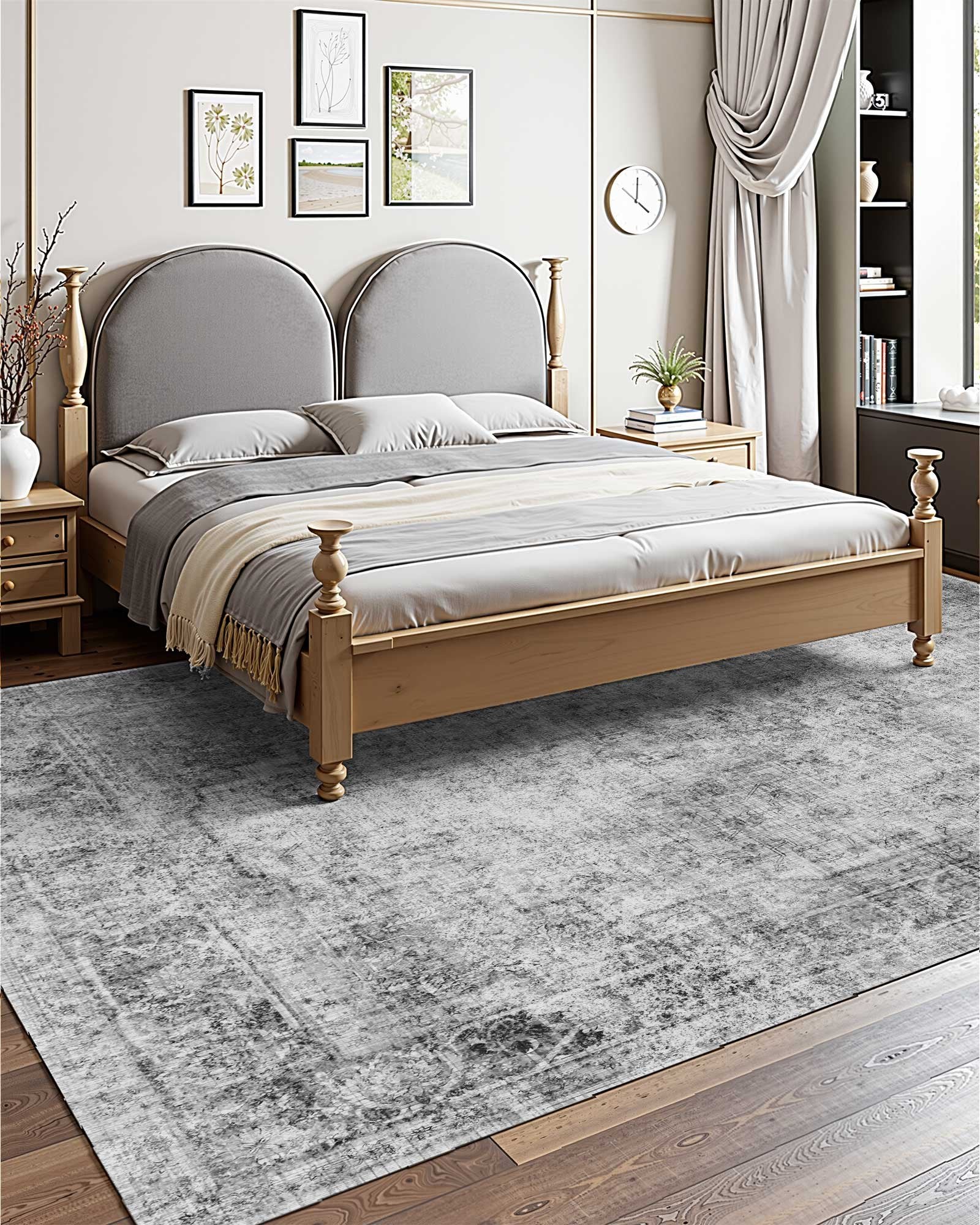 Large Bohemian Area Rug 9x12 ft - Washable, Non-Slip, Tear-Resistant, Soft Faux Cashmere for Bedroom, Living Room, Kids Room, Office, Gray Mat