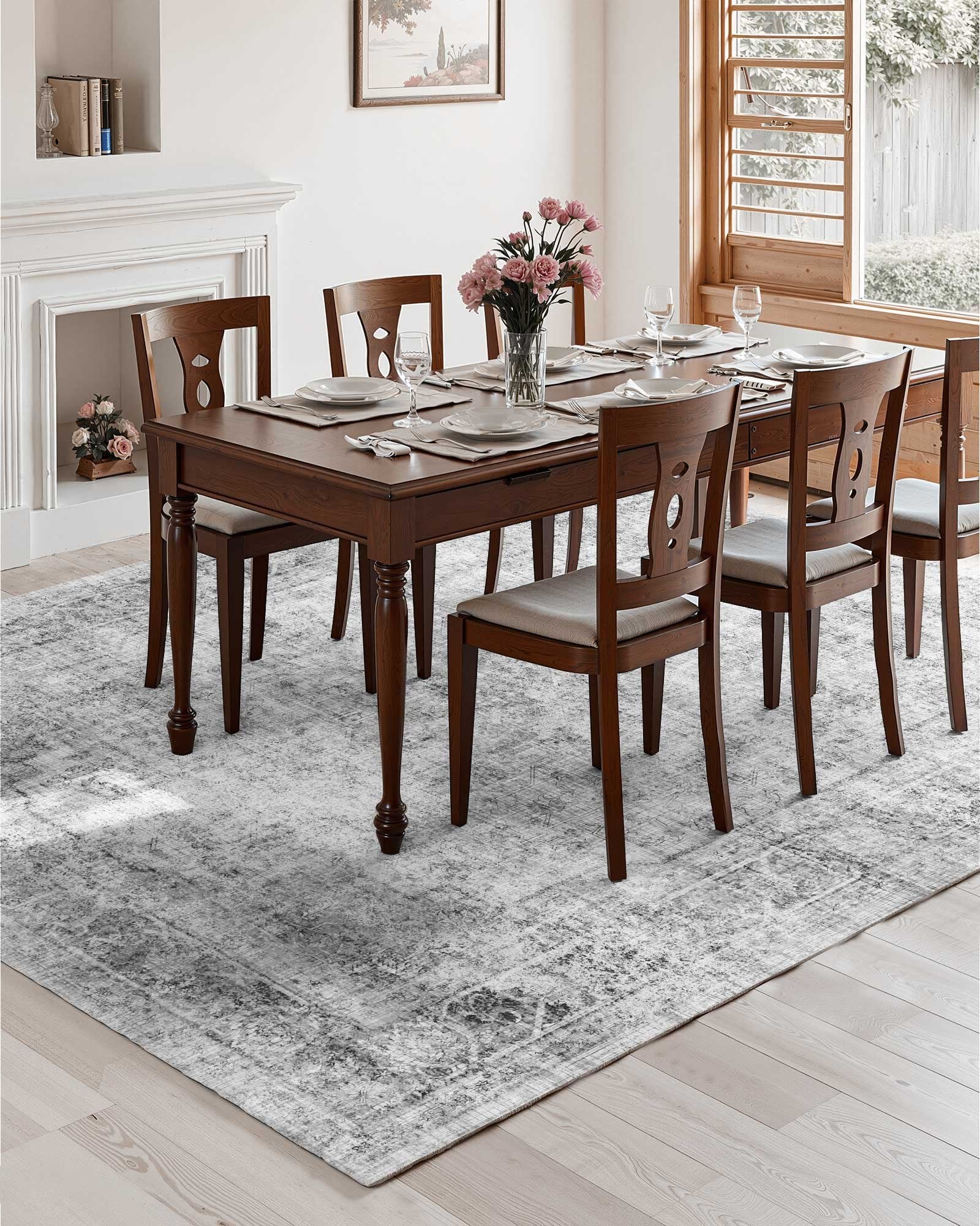 Large Bohemian Area Rug 9x12 ft - Washable, Non-Slip, Tear-Resistant, Soft Faux Cashmere for Bedroom, Living Room, Kids Room, Office, Gray Mat