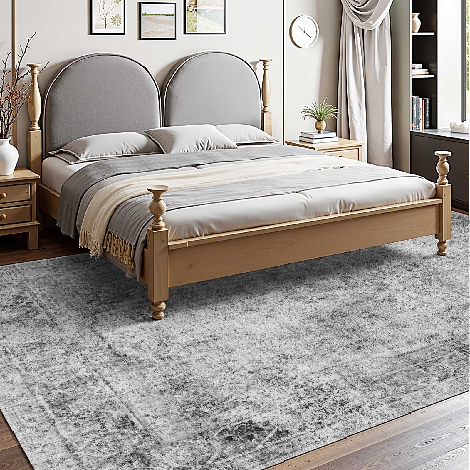 Large Bohemian Area Rug 9x12 ft - Washable, Non-Slip, Tear-Resistant, Soft Faux Cashmere for Bedroom, Living Room, Kids Room, Office, Gray Mat
