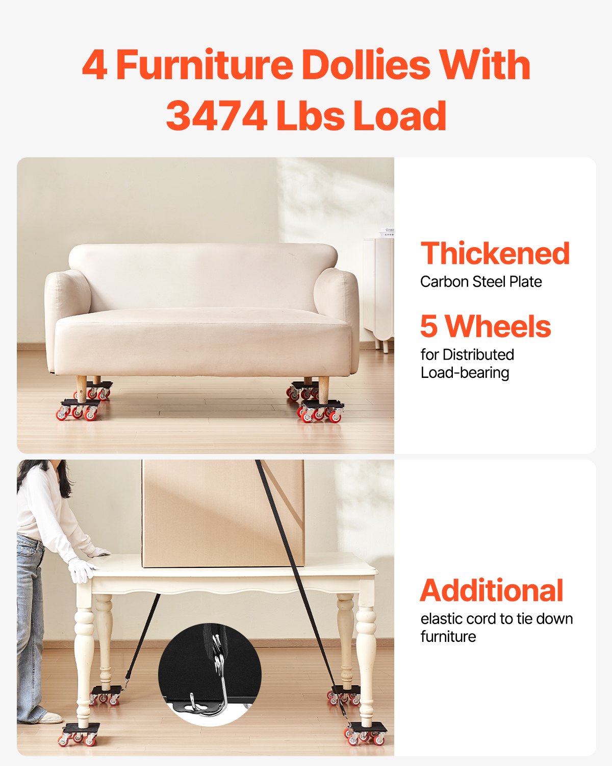 Heavy Duty Furniture Dolly Set - 3474 lbs Capacity, 360° Swivel Wheels, Carbon Steel, Ideal for Moving Appliances, Sofa, Fridge, Washer