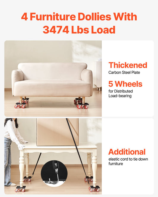 Heavy Duty Furniture Dolly Set - 3474 lbs Capacity, 360° Swivel Wheels, Carbon Steel, Ideal for Moving Appliances, Sofa, Fridge, Washer