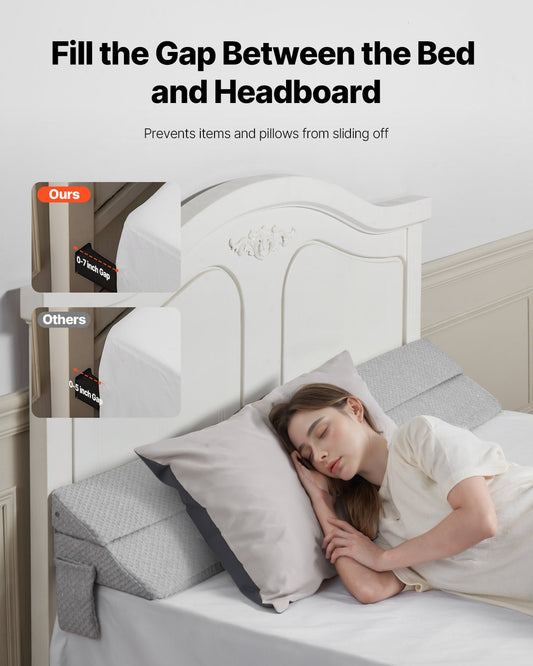 Queen Size Bed Wedge Pillow for Headboard Gap, 60"x10"x6", Foam Gap Filler with Side Pocket, Anti-Slip, Easy Clean, Gray