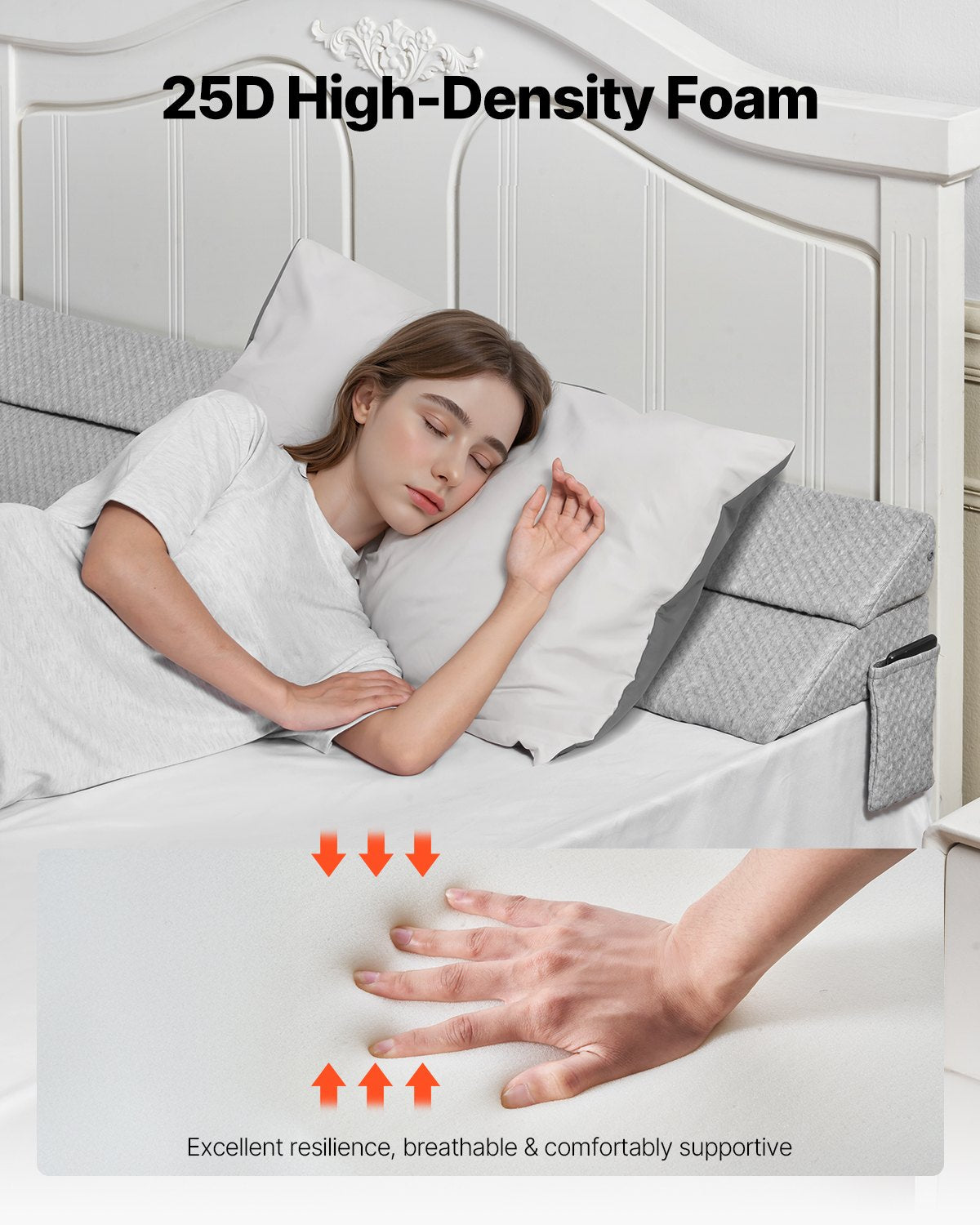 Queen Size Bed Wedge Pillow for Headboard Gap, 60"x10"x6", Foam Gap Filler with Side Pocket, Anti-Slip, Easy Clean, Gray