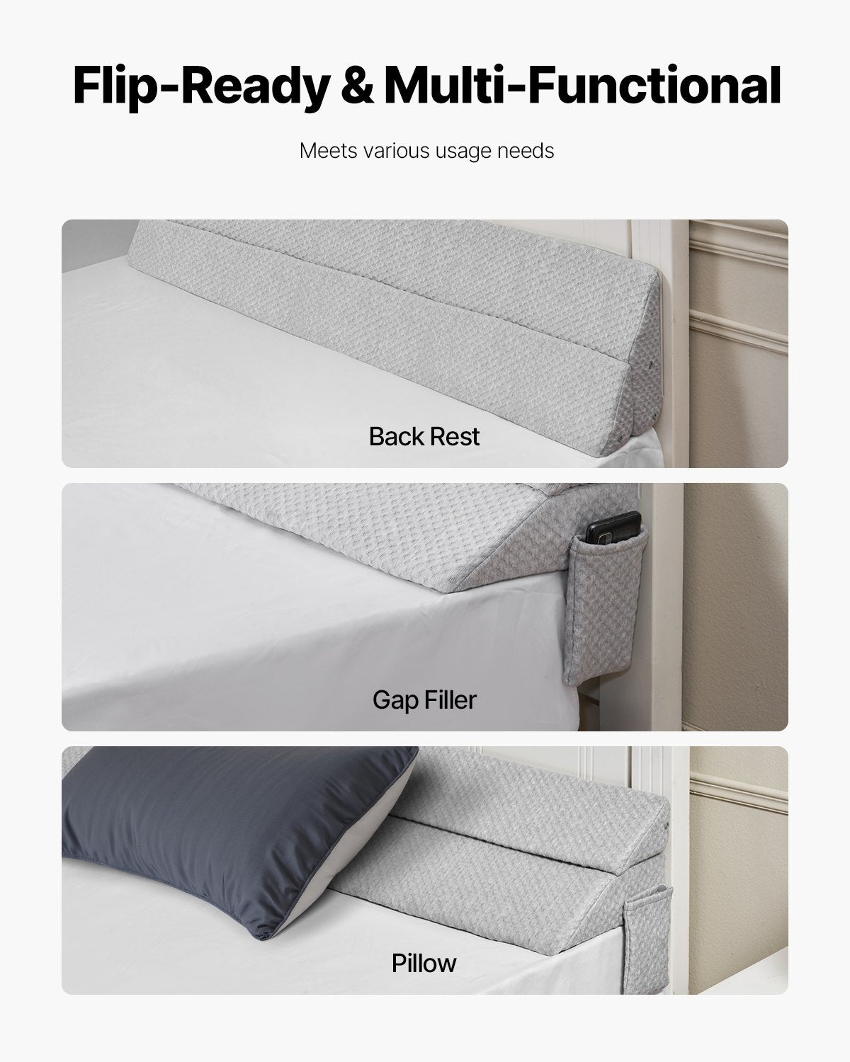 Queen Size Bed Wedge Pillow for Headboard Gap, 60"x10"x6", Foam Gap Filler with Side Pocket, Anti-Slip, Easy Clean, Gray