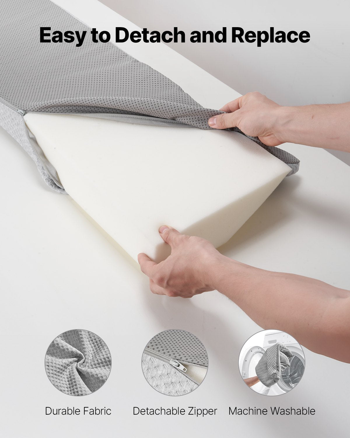Queen Size Bed Wedge Pillow for Headboard Gap, 60"x10"x6", Foam Gap Filler with Side Pocket, Anti-Slip, Easy Clean, Gray