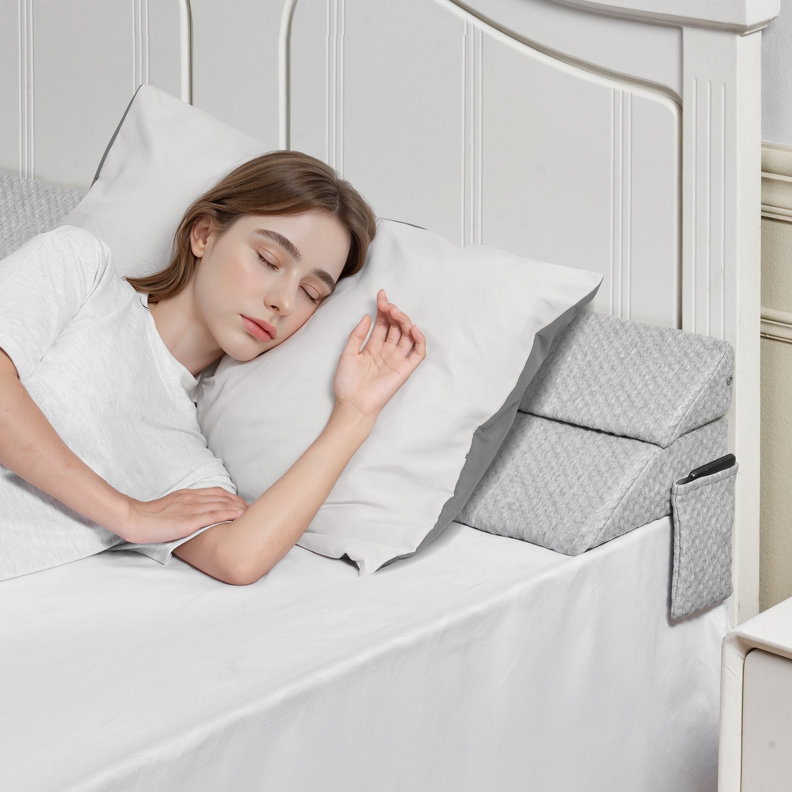 Queen Size Bed Wedge Pillow for Headboard Gap, 60"x10"x6", Foam Gap Filler with Side Pocket, Anti-Slip, Easy Clean, Gray