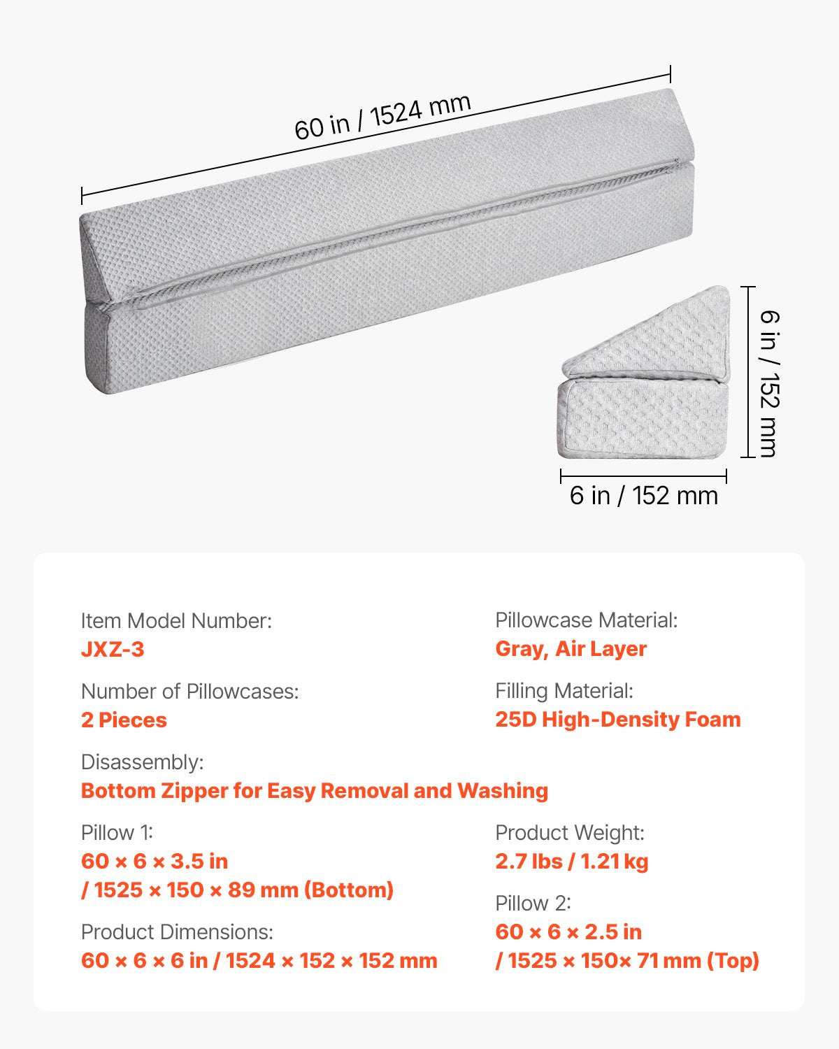 Queen Size Foam Bed Wedge Pillow for Headboard Gap Filler - 60"x6"x6" Anti-Slip, Versatile Flip-Over Mattress Wedge for Backrest & Sleeping Comfort